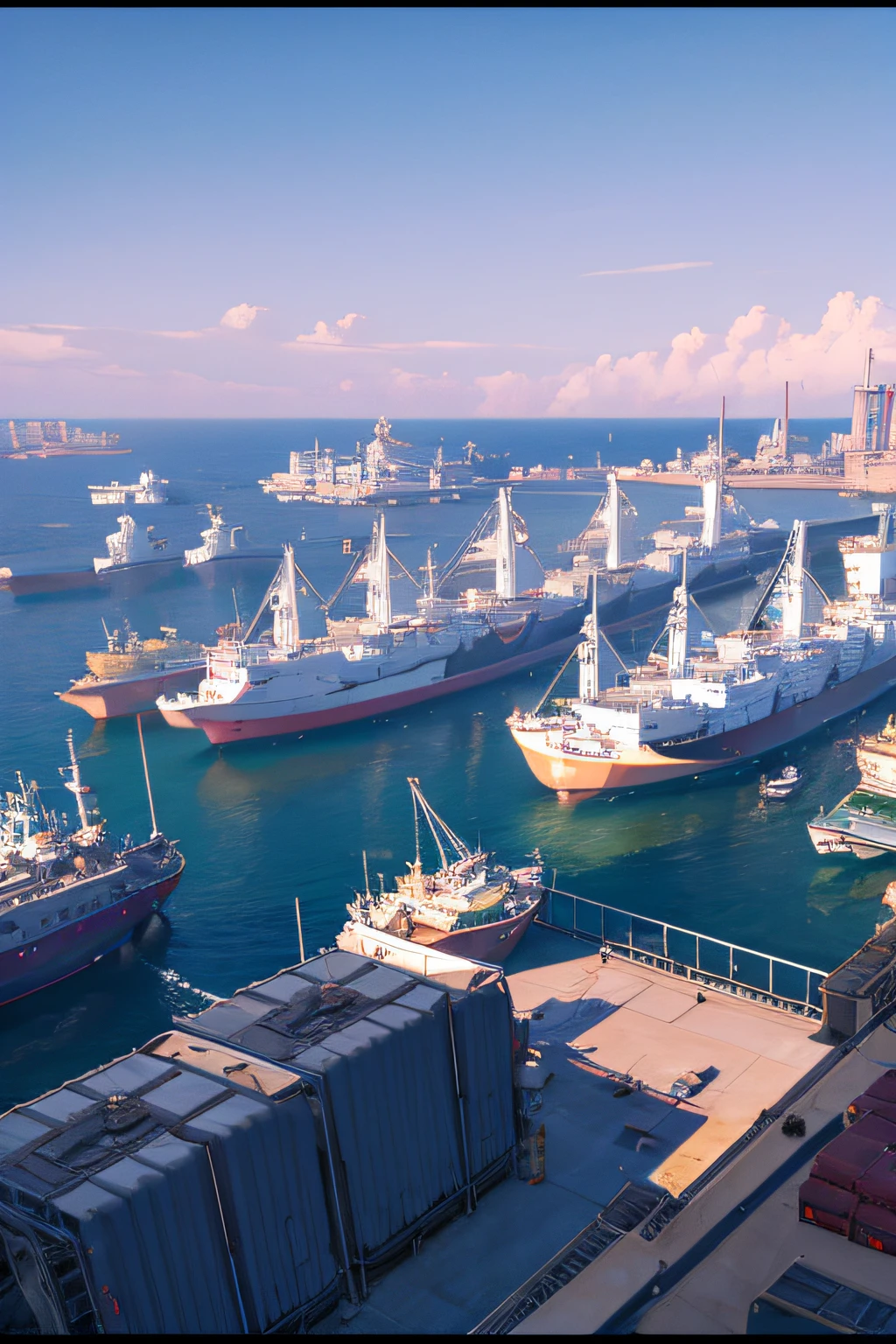 port, Realisticstyle, wide horizon, landscape orientation, Several freighters are parked only in port, There are several oil storage tanks in the port, Workers at work on the docks, UHD, masterpiece, high details, best quality, highres --auto