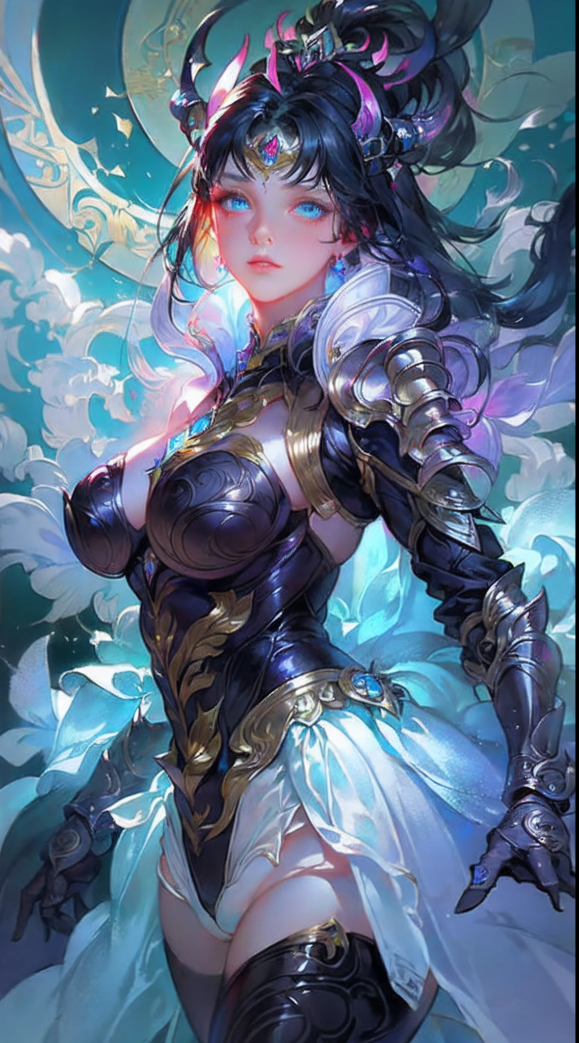 1girl, depth of field, official art, unity 8k wallpaper, ultra detailed, illustration, beautiful and aesthetic, masterpiece, best quality, knight, (big breasts), (milf, mature female), (black armor, armor, breastplate), beautiful face, (long hair, black hair, very straight hair:1.4, hime cut:1.4), blue eyes, cowboy shot, glowing skin, back lighting, athletic figure, muscular female, curvy, wide hips, colorful, looking at viewer, Hyperrealistic, gradient background, dark background, outline, fantasy, from the front, watercolor, traditional media, (chromatic aberration, intricate details)