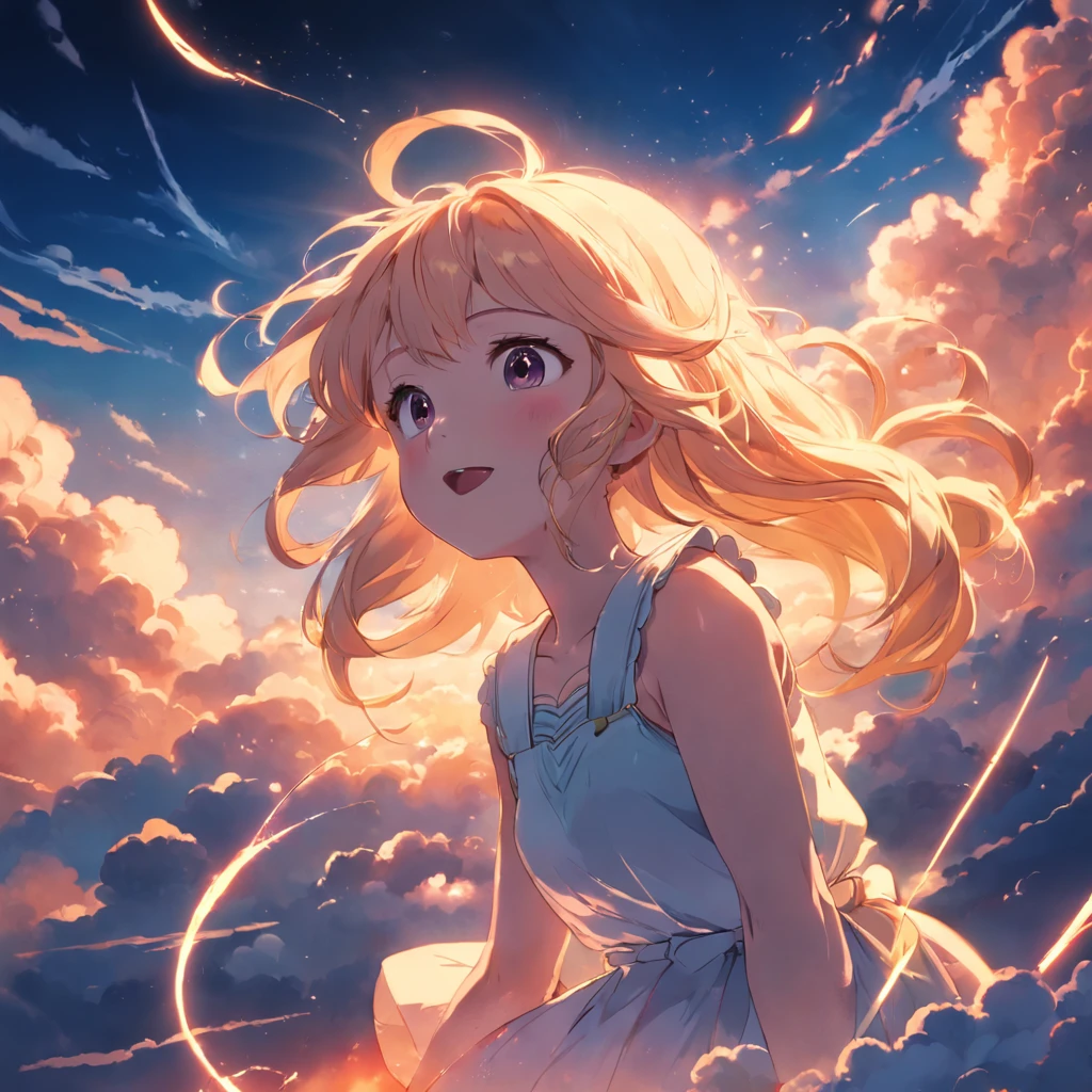 masterpiece, best quality, movie still, 1girl, cloud girl, floating in the sky, close-up, bright, happy, warm soft lighting, sunset, (sparks:0.7)