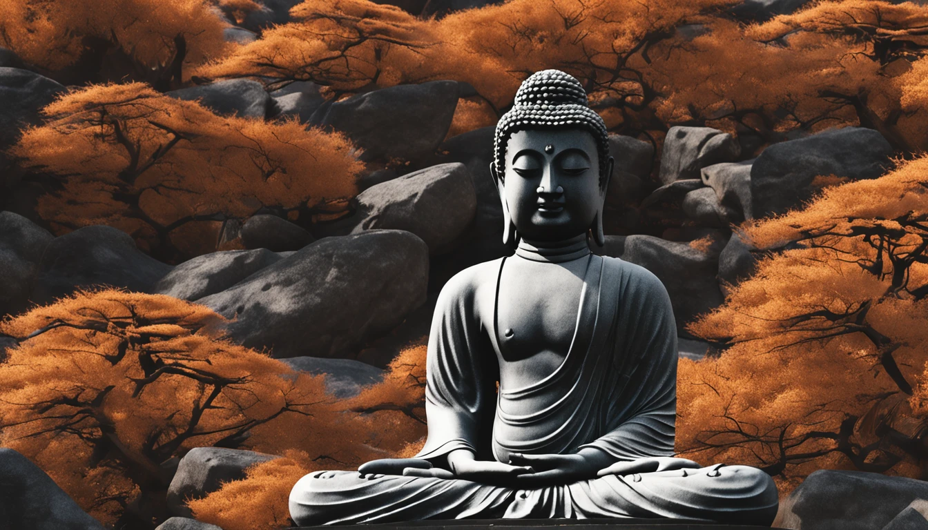 buddha statue sitting on a rock with a tree in the background, buddhist, buddhism, buddha, the buddha, zen meditation, peaceful expression, floating in a powerful zen state, buddhist art, zen aesthetic, inner peace, meditation, zen feeling, zen, peacefull, ancient japanese, zen atmosphere, meditating, unknown, serene expression, meditative, beautiful depiction