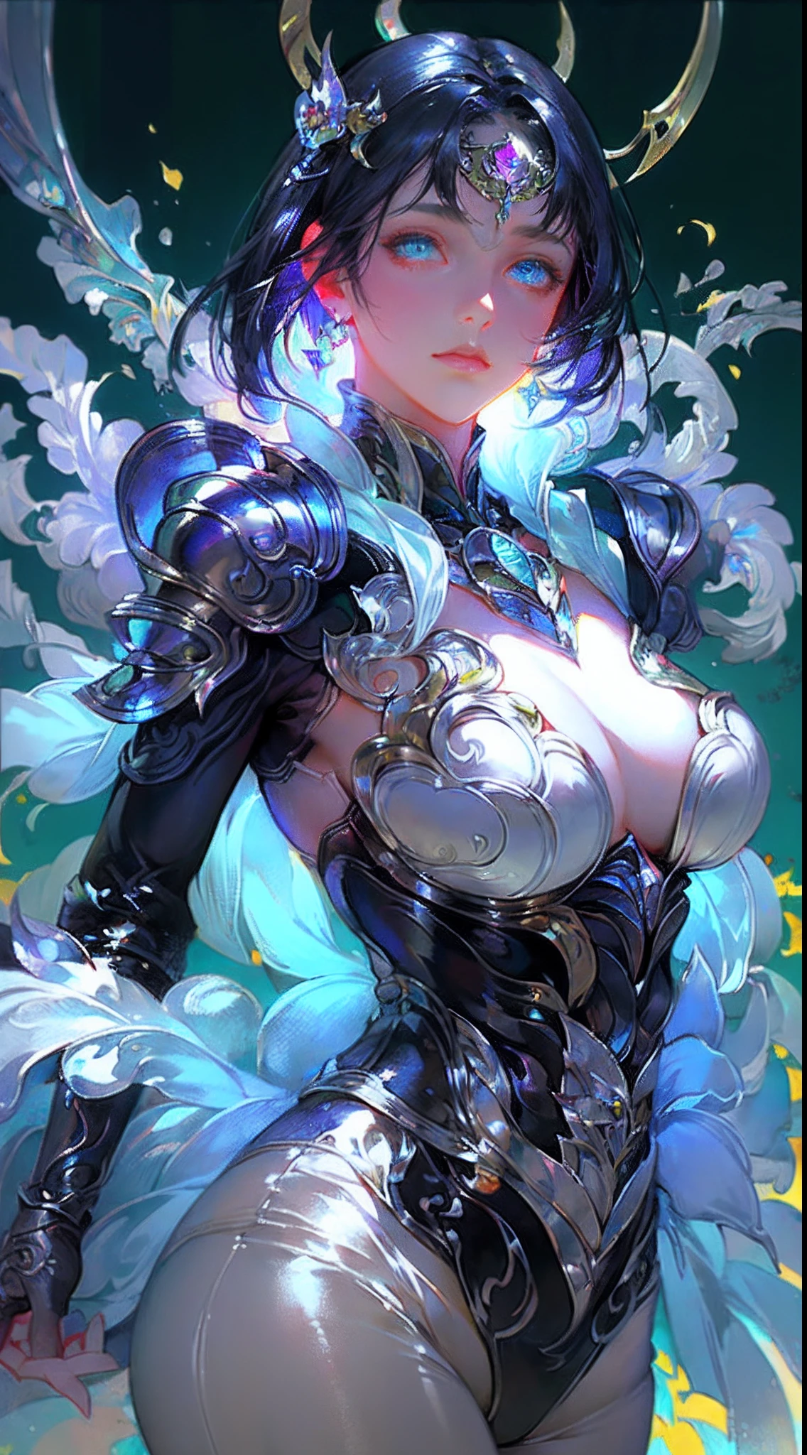 1girl, depth of field, official art, unity 8k wallpaper, ultra detailed, illustration, beautiful and aesthetic, masterpiece, best quality, knight, (big breasts), (milf, mature female), (black armor, armor, breastplate), beautiful face, (long hair, black hair,  very straight hair:1.4, hime cut:1.4), blue eyes, cowboy shot, glowing skin, back lighting, athletic figure, muscular female, curvy, wide hips, colorful, looking at viewer, Hyperrealistic, gradient background, dark background, outline, fantasy, from the front, watercolor, traditional media, (chromatic aberration, intricate details)