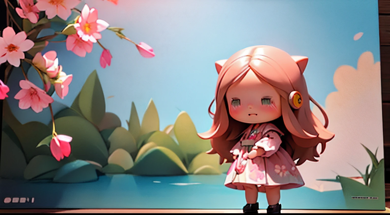 photoRealstic、Doll standing in front of the painting、bionde、Face crying while laughing、Tears on the cheeks、closing eye、Sengai、pixiv、rokoko、dollfie dream、watercolor Nendoroid、(High Definition Figure)、flowing sakura-colored silk、nendroid、bustup、Cherry blossom petals、Flowing cherry blossom silk、season!!: 🌸 ☀ 🍂 ❄