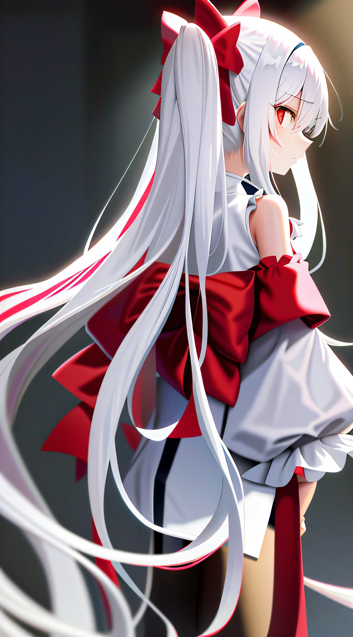 Two-dimensional girl,long white hair,There is a red bow on the back of the head,nakeness
