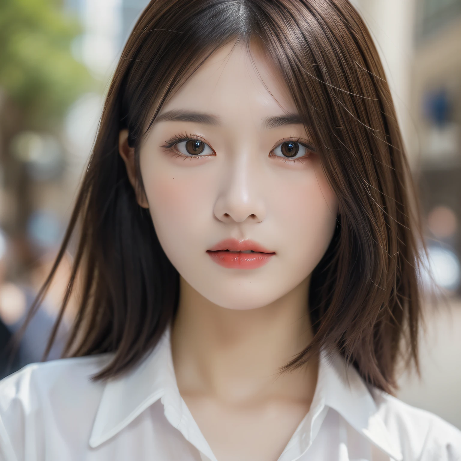 ((Best quality, 8k, Masterpiece :1.3)), Sharp focus :1.2, A pretty woman with perfect figure :1.4, Slender abs :1.2, ((Dark brown hair, Big breasts :1.2)), (White button up long shirt :1.1), City street:1.2, Highly detailed face and skin texture, Detailed eyes, Double eyelid