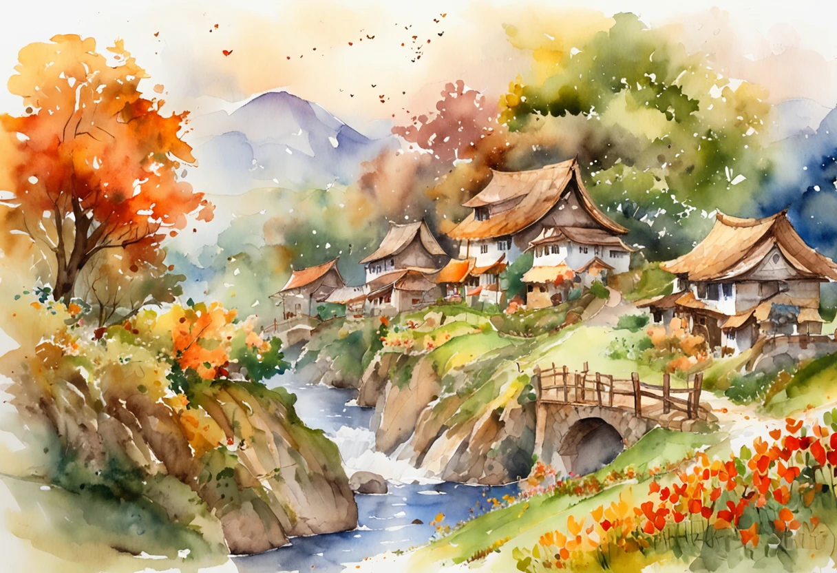 ultra - detailed, 超高分辨率, Mid-autumn village watercolor illustration, lush colors, Splendid scenery, Dreamy atmosphere, light bloom