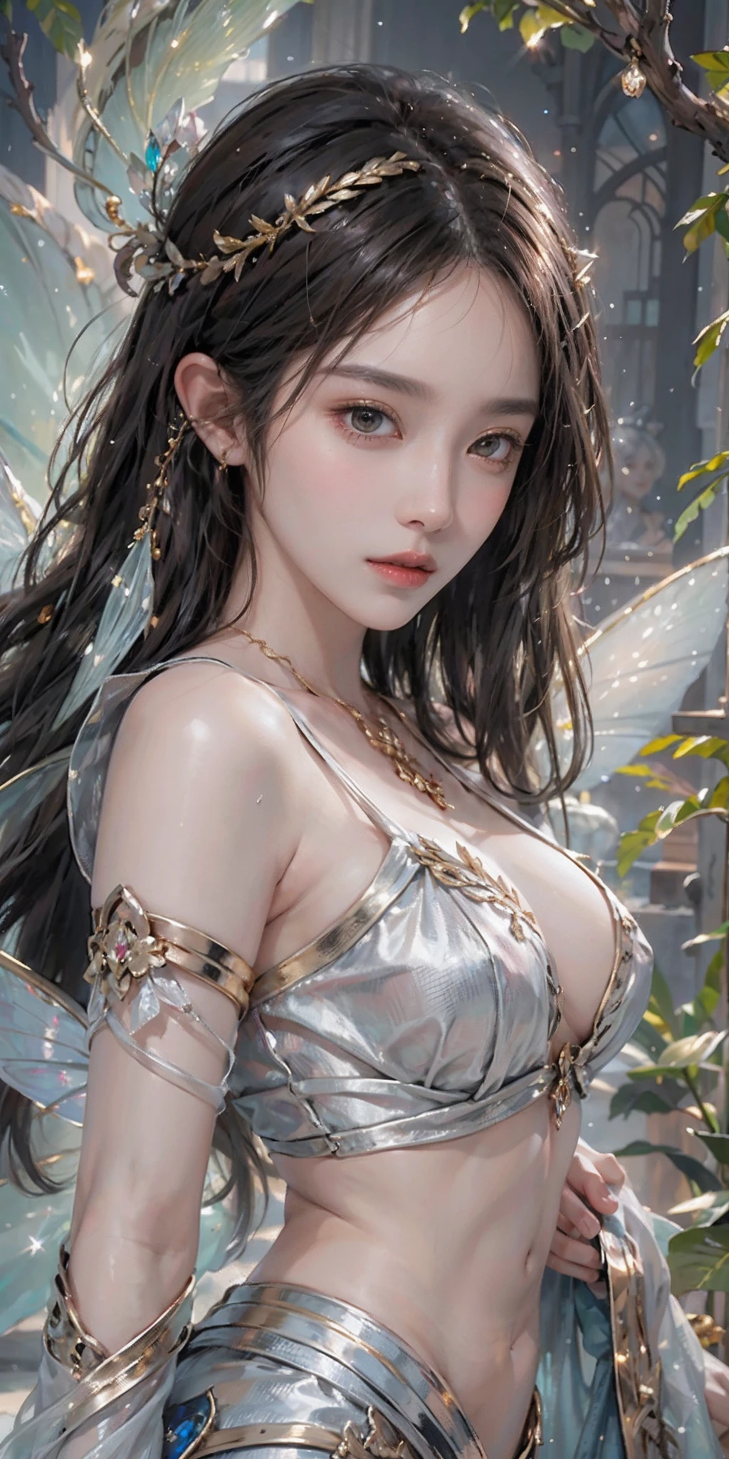 photorealistic, high resolution, soft light,1women, solo, hips up, shinning skin, (detailed face), jewelry, (((gold, silver, glimmer)), faerie), limited palette, contrast, phenomenal aesthetic, best quality, sumptuous artwork