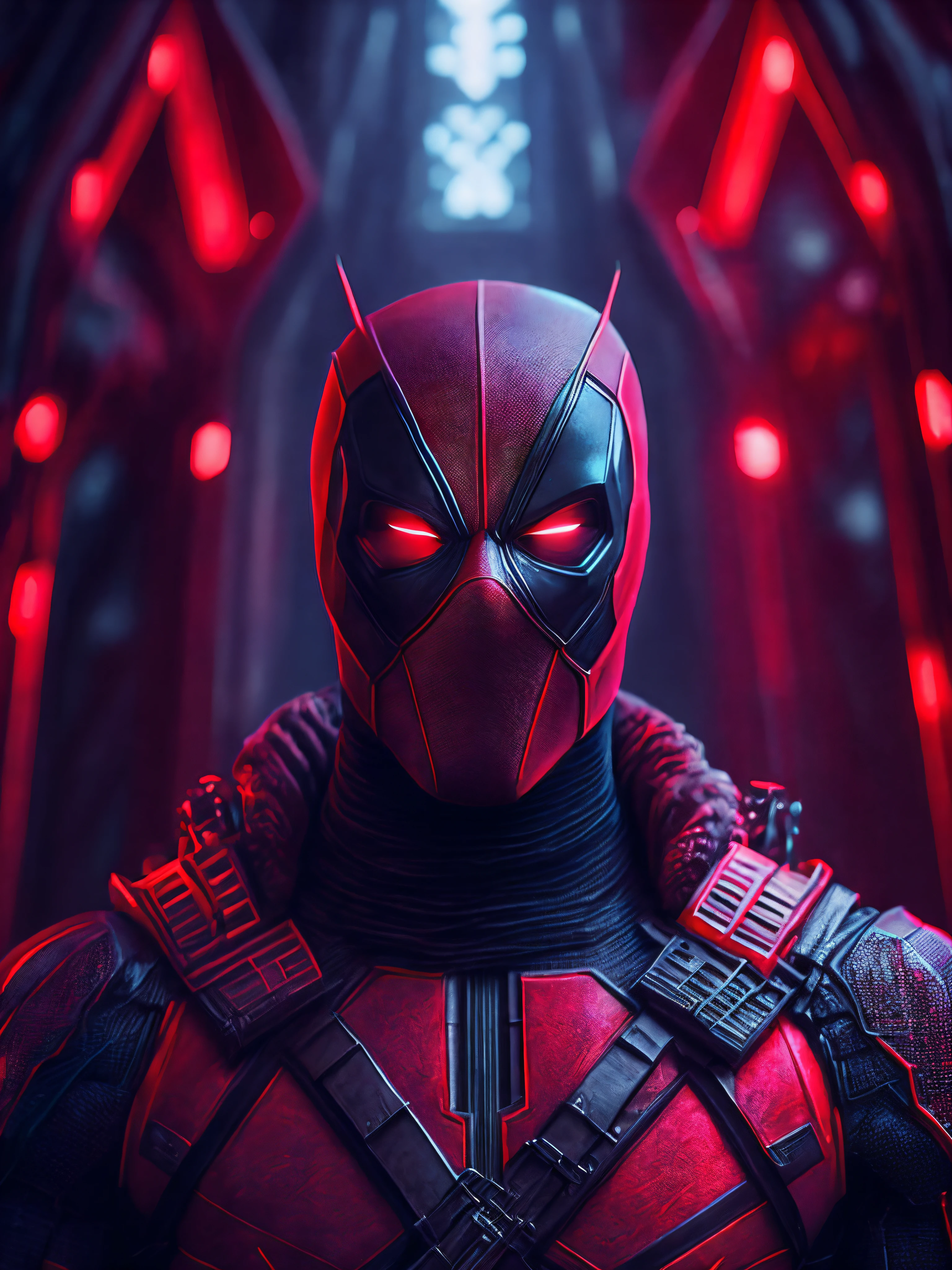 grim portrait of Deadpool from Marvel with intricate angular cybernetic implants inside a brutalist building, gothic brutalist cathedral, cyberpunk, award-winning photo, bokeh, neon lights, cybernetic limb