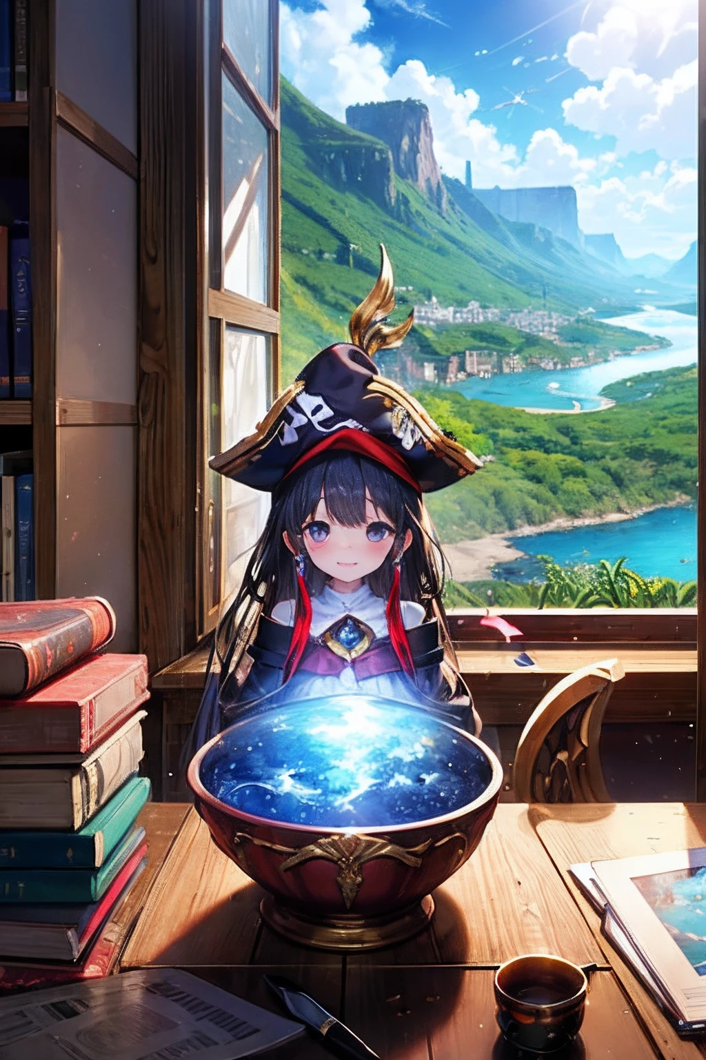 (((masterpiece)))、(((top-quality)))、((ultra-detailliert))、(illustratio)、((extremely delicate and beautiful))、Bright smile、floating、(Detailed light) (1girl in)、、独奏、The long-haired、The wind is blowing、A WORLD、(cute eye)Wizard Hat, red blush, blush stickers, cleavage of the breast, bare shoulders, doress, off shoulders, cowboy shot, is standing, A smile, 8K、high-level image quality、Fantasia、children's storybook、(There is an island rich in nature on the children's study desk、A waterfall is flowing from the top of the desk shelf、Magic study desk wrapped in the humor of a child looking at a pirate ship with vast ocean on desk.)、digitalart、Digital Art Ticker、nffsw