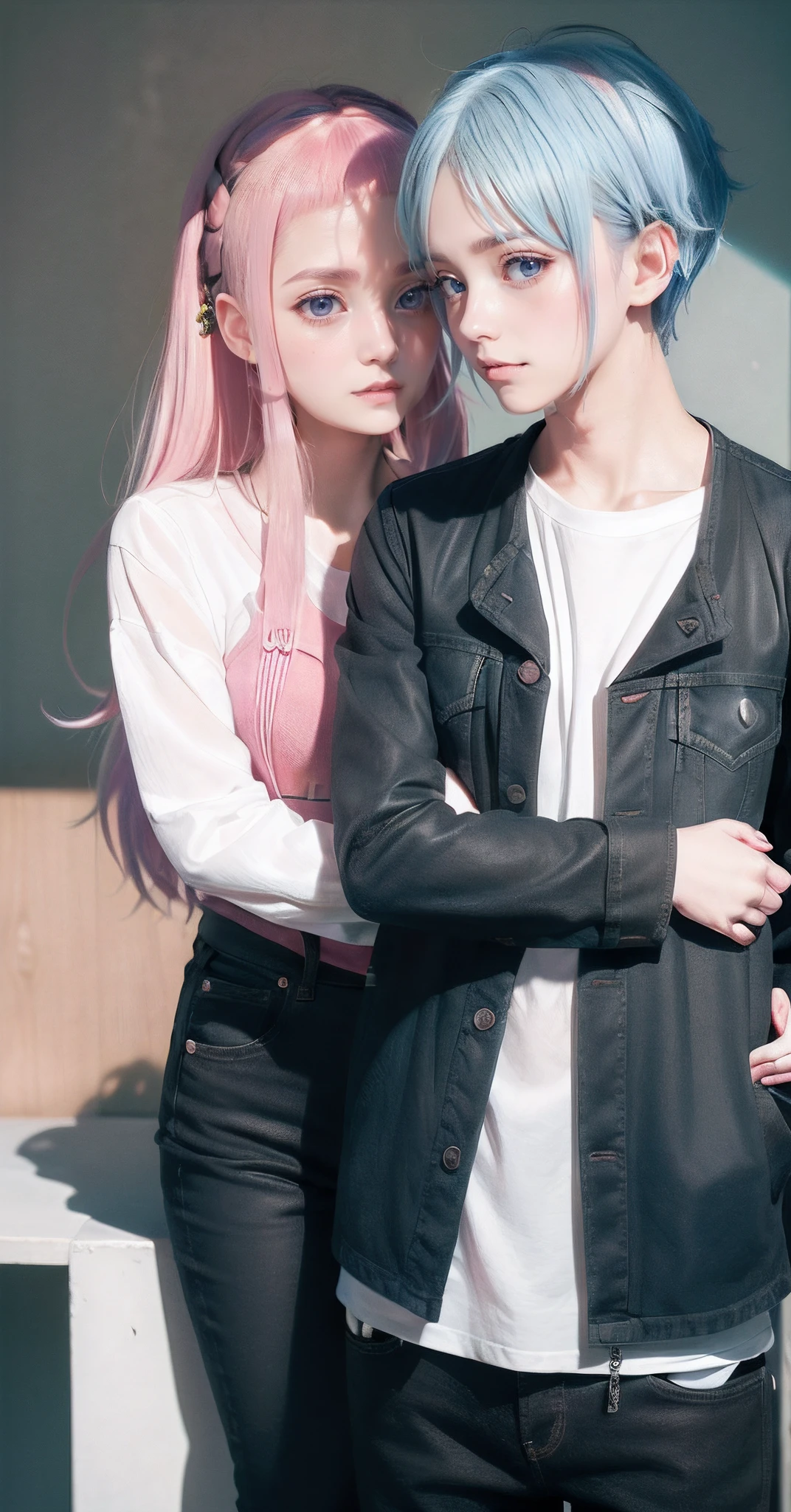 ((Male and female couples)), window, Idol Photos, Magazine covers, Photos of actors, Professional Photos, Height difference, tall male, Happiness, youthfulness, extra detailed face, detailed punk hair, very detailed character, inspired by Sim Sa-jeong, Cai Xukun's, detailed realistic faces, highly detailed realistic face, high detailed face anime, realistic detailed face, Accurate detailed face, attractive androgynous humanoid, Cool Korean fashion in black, ((With a man with light blue hair)), ((Woman with pink hair)), ((Woman with long hair below waist)), ((Man with short hair over ears)), ((Pink hair woman with gentle expression)), ((Man with light blue hair with wild expression)), high-level image quality, masterpiece, Photographed so that the whole body can be seen, Photographed to make clothes look beautiful, Take your eyes off, ((two individuals)), ((British couple))