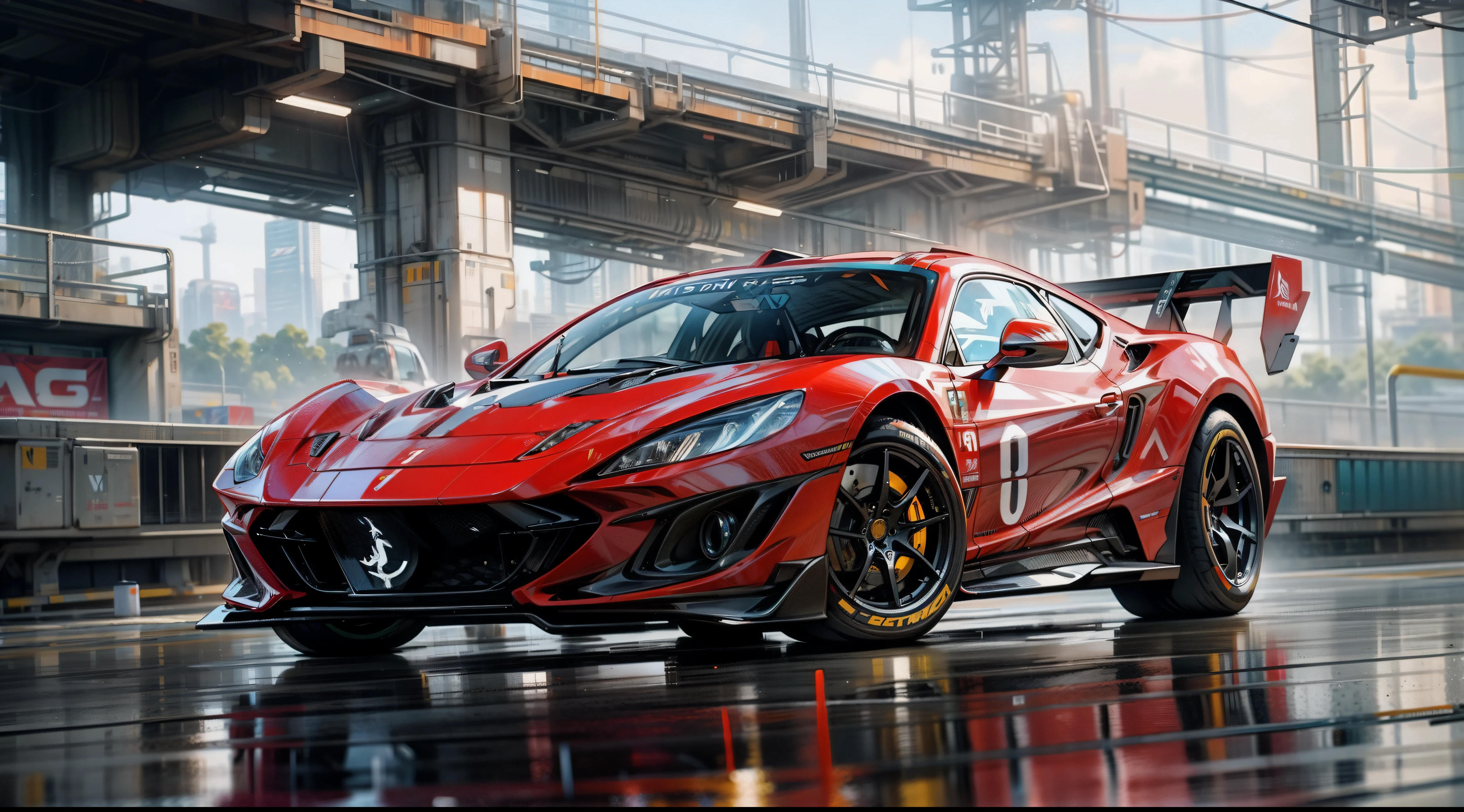 Background song,cyber punk style, 3D rendered character art, 8 k'', Sports racing,Sci-fi racing,Racing white Ferrari style