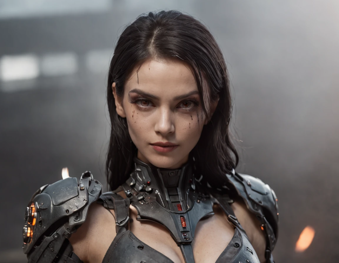 The badass dystopian warrior, mature woman, strong body, (blue eyes:1.1), black hair,, battle scar's,dark atmosphere,(snoopy breast:1.0), massive perfect breast,,(muscular body:0.5), undercut hairstyles,,shot hair, naked breast, (realistic skin texture:1.2),4k, (cinematic photography:1.0),,(head and breast closeup)