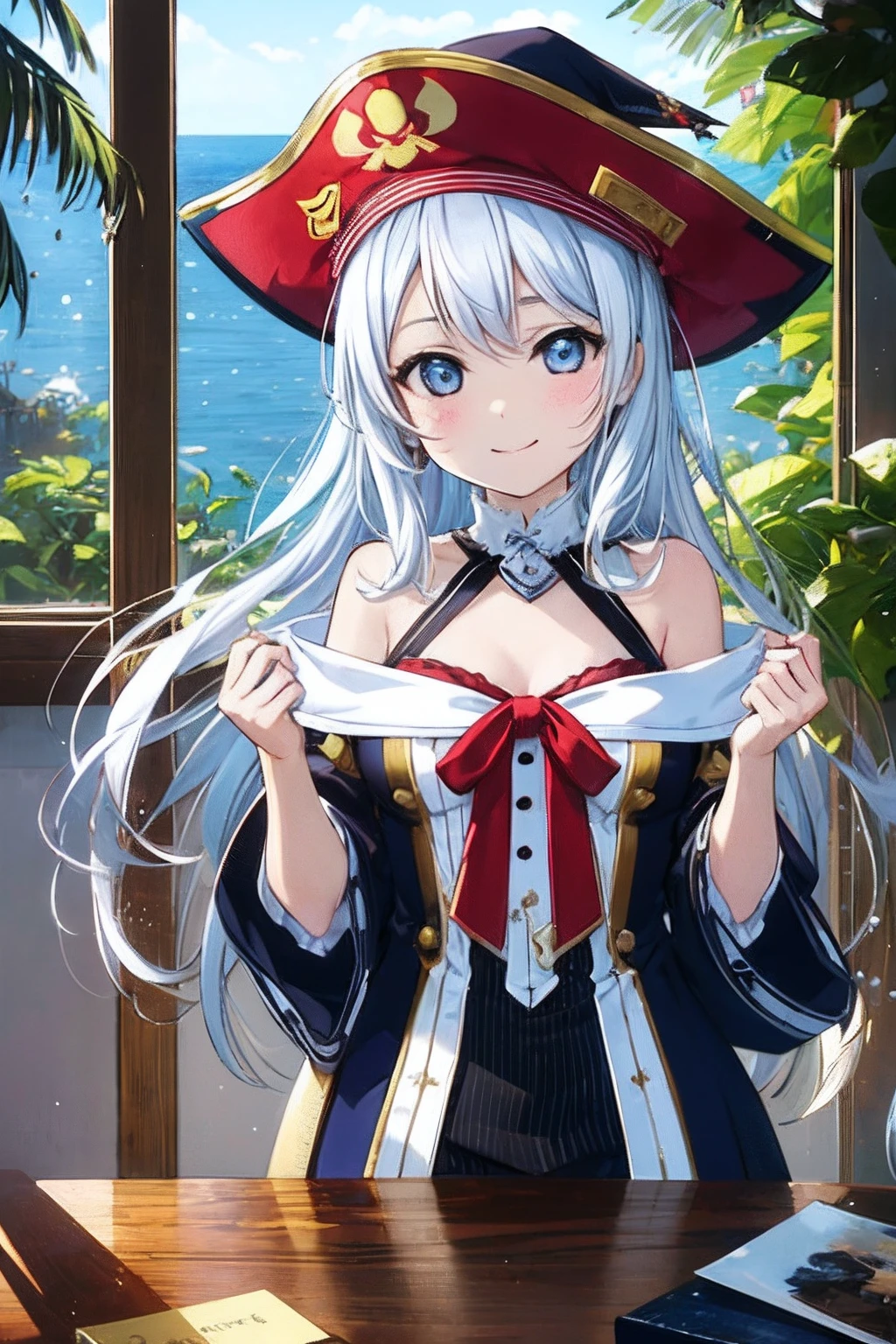 (((masterpiece)))、(((top-quality)))、((ultra-detailliert))、(illustratio)、((extremely delicate and beautiful))、Bright smile、floating、(Detailed light) (1girl in)、、独奏、The long-haired、The wind is blowing、A WORLD、(cute eye)Wizard Hat, red blush, blush stickers, cleavage of the breast, bare shoulders, doress, off shoulders, cowboy shot, is standing, A smile, 8K、high-level image quality、Fantasia、children's storybook、(There is an island rich in nature on the children's study desk、A waterfall is flowing from the top of the desk shelf、Magic study desk wrapped in the humor of a child looking at a pirate ship with vast ocean on desk.)、digitalart、Digital Art Ticker、nffsw