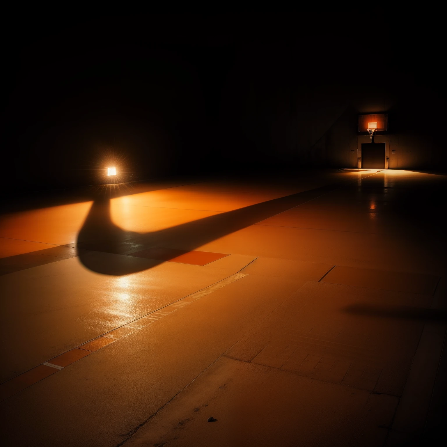 Concrete basketball court. Light from a streetlight casting shadow. Orange basketball.