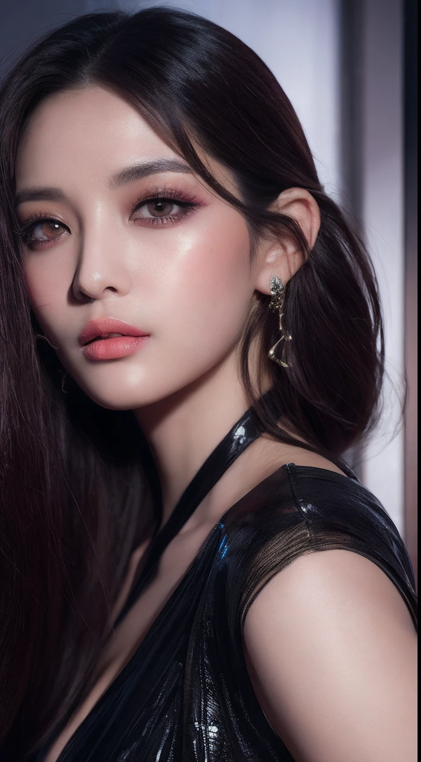 one Arabian model , hair model, Unique hair details, cyberpunk fashion, Near future , double eyelid, plump lips, professional makeup
