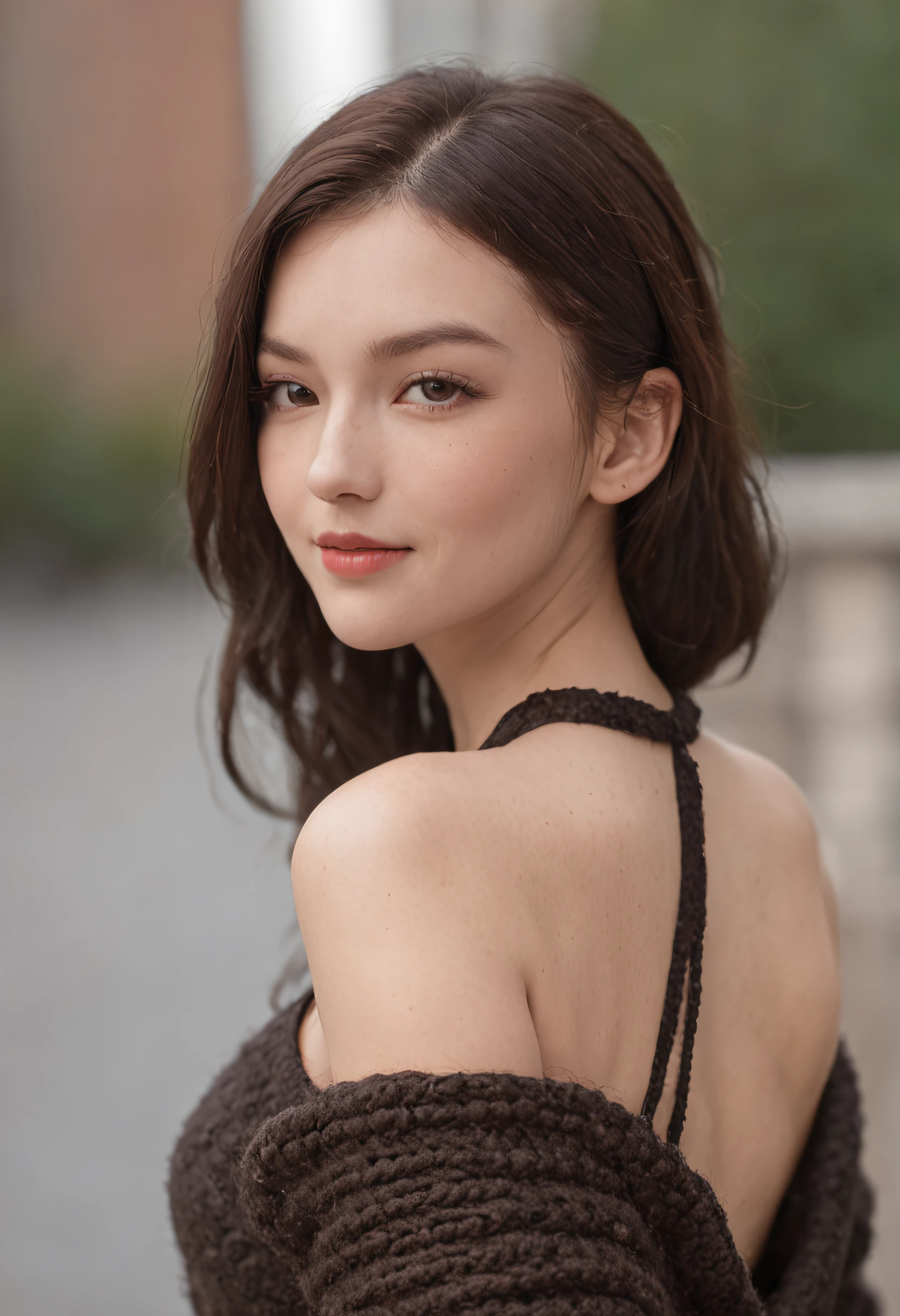 one girls,Smooth skin,dark brown hair,casual hairstyle,ssmile,Halter neck blackpKnitted Dresses,Skyscraper Observatory