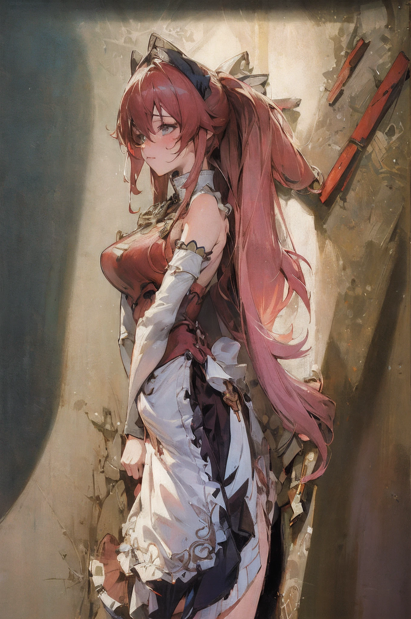 Best quality, highest resolution, 1 girl, solo, little child, pale skin, Dark red hair with dark blue and green fringes, very long hair, white eyes, pale eyes, delicate body, open mouth, showy robe, ruined inner room of ancient ruins as background, grey with blue shades background