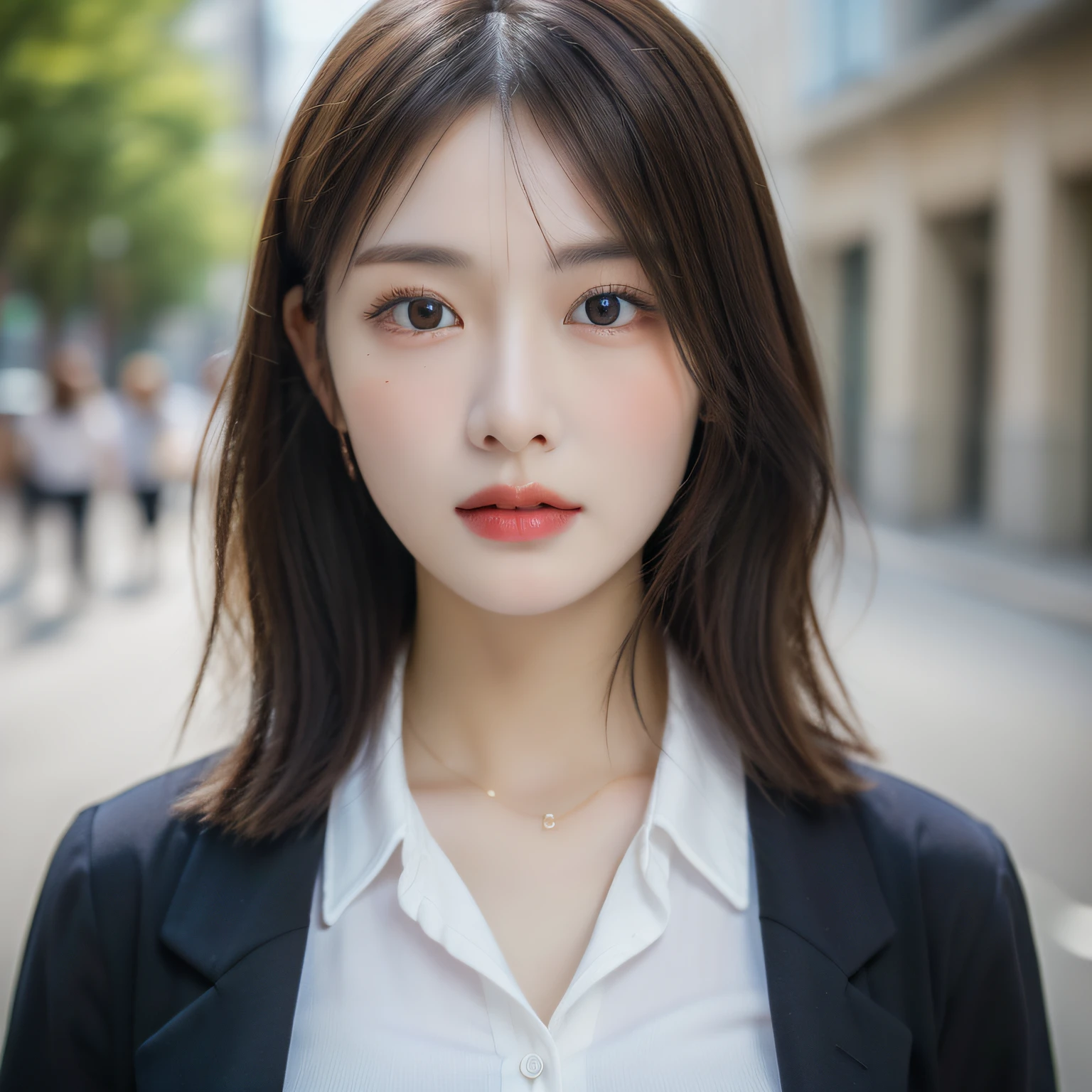 ((Best quality, 8k, Masterpiece :1.3)), Sharp focus :1.2, A pretty woman with perfect figure :1.4, Slender abs :1.2, ((Dark brown hair, Big breasts :1.2)), (White button up long shirt :1.1), City street:1.2, Highly detailed face and skin texture, Detailed eyes, Double eyelid