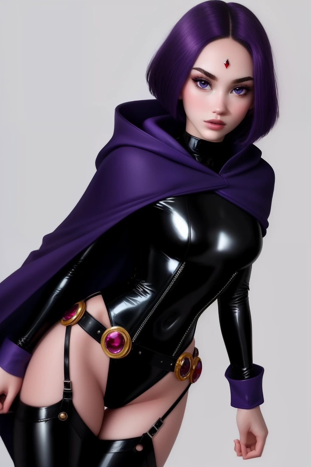 (Magazine, Photoshoot, DOF, F/2.8, Ultra-HD, extreme detail,detailed face and eyes), best quality, 1girl, raven, \(dc\), solo, black leather corset, black latex bodysuit, black latex pants ( body, teene:1.4), narrow hips, thin waist, pale skin, black cape, hood up, purple hair, forehead jewel, purple eyes, short hair, belt, superhero,
