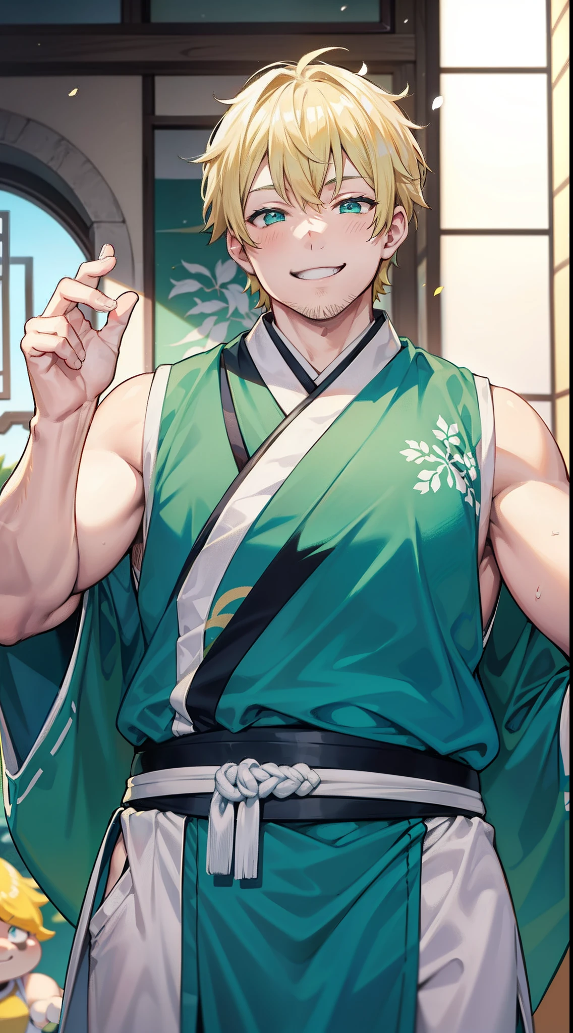 Adult Fat Man, short blonde hair, Cyan eyes, Green Hanfu sleeveless, Drunken Master, Smile, Masterpiece, hiquality