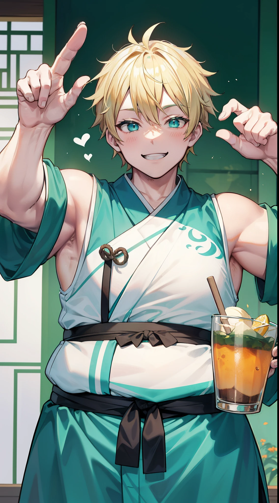 Adult Fat Man, short blonde hair, Cyan eyes, Green Hanfu sleeveless, Drunken Master, Smile, Masterpiece, hiquality