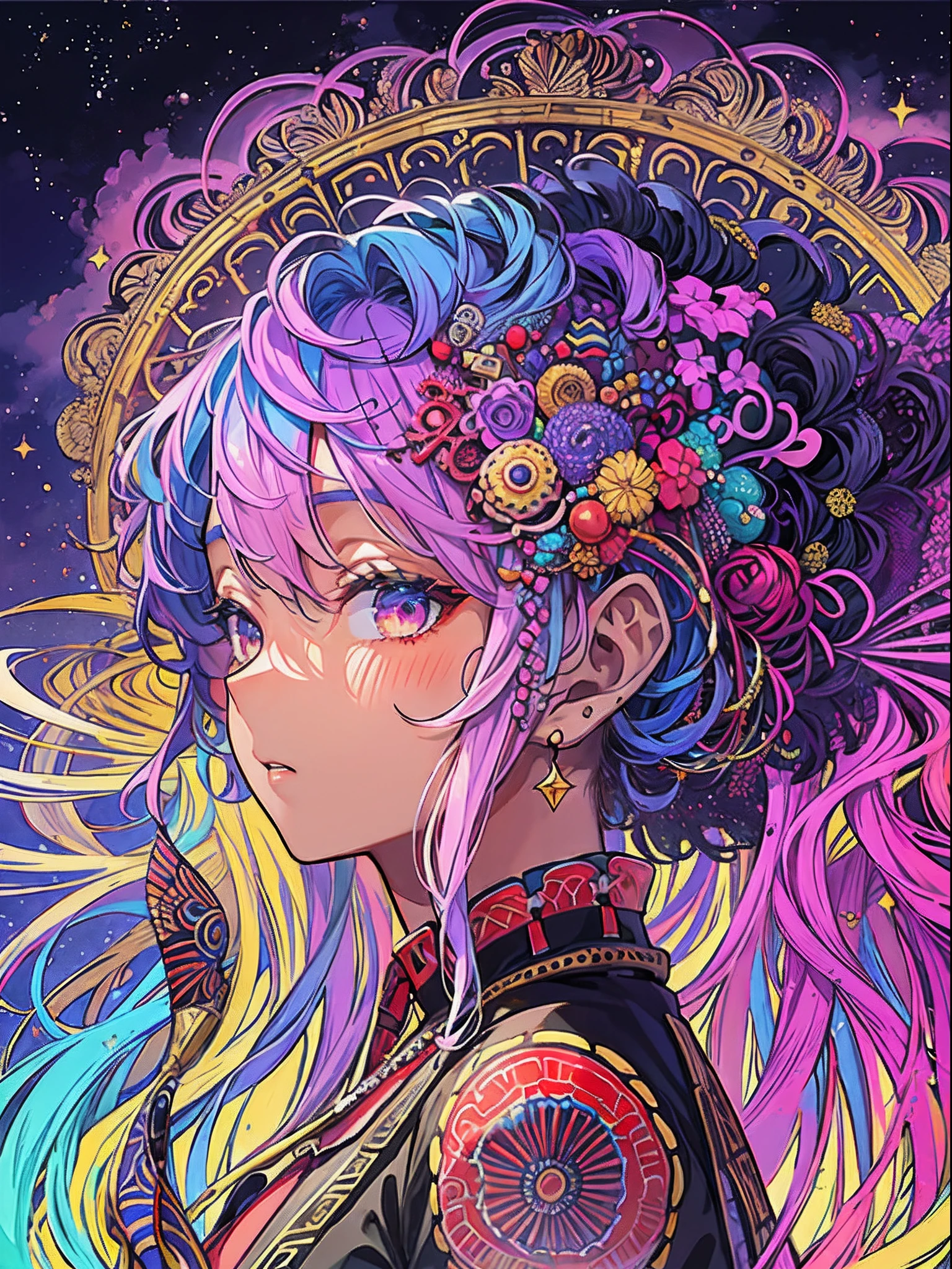(​masterpiece、top-quality、top-quality、afrocentricpaiting(afro)、african-american completion Official Art、Beautifully Aesthetic dark skin:1.2)、(1girl in:1.3)、(Fractal art:1.3)、The upper part of the body、from side、looking at the viewers、patterns、(rainbow-colored hair、colourful hair、african ink、​​clouds、starrysky、stele、Rough kanji、