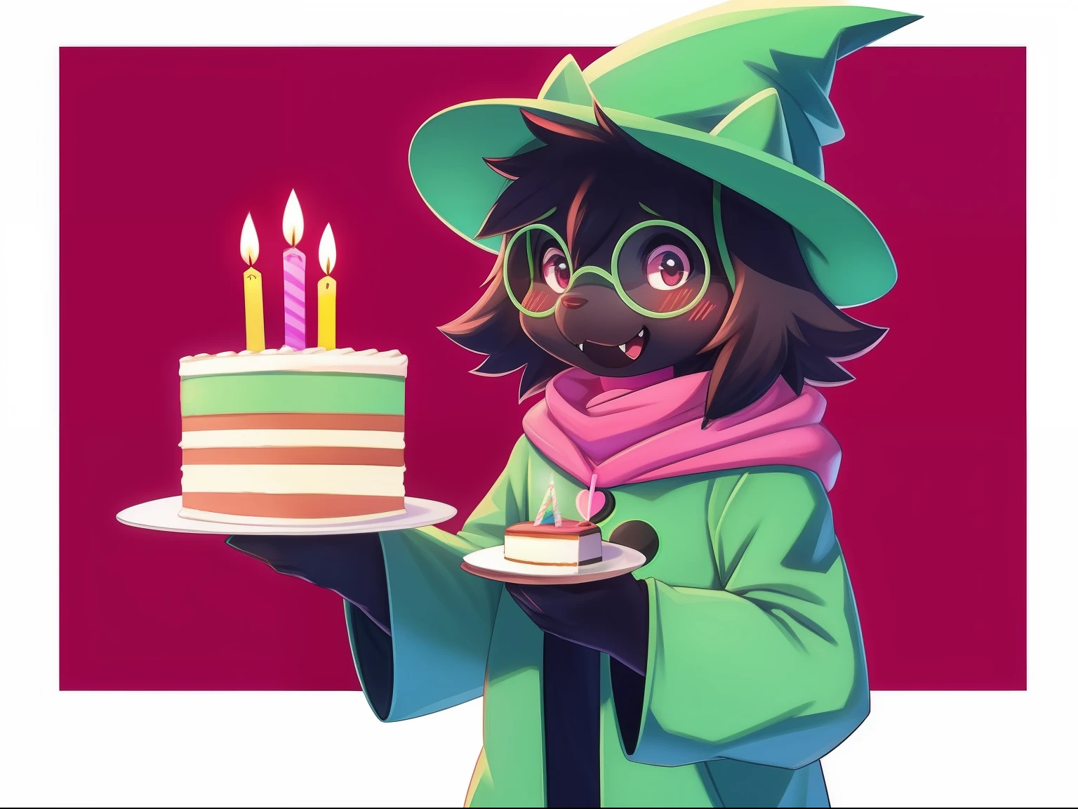 Ralsei from Deltarune, solo, 1boy, holding cake, holding food, cake, happy birthday, headphones, pink headphones, pink horns, blush, fangs, pink hoodie