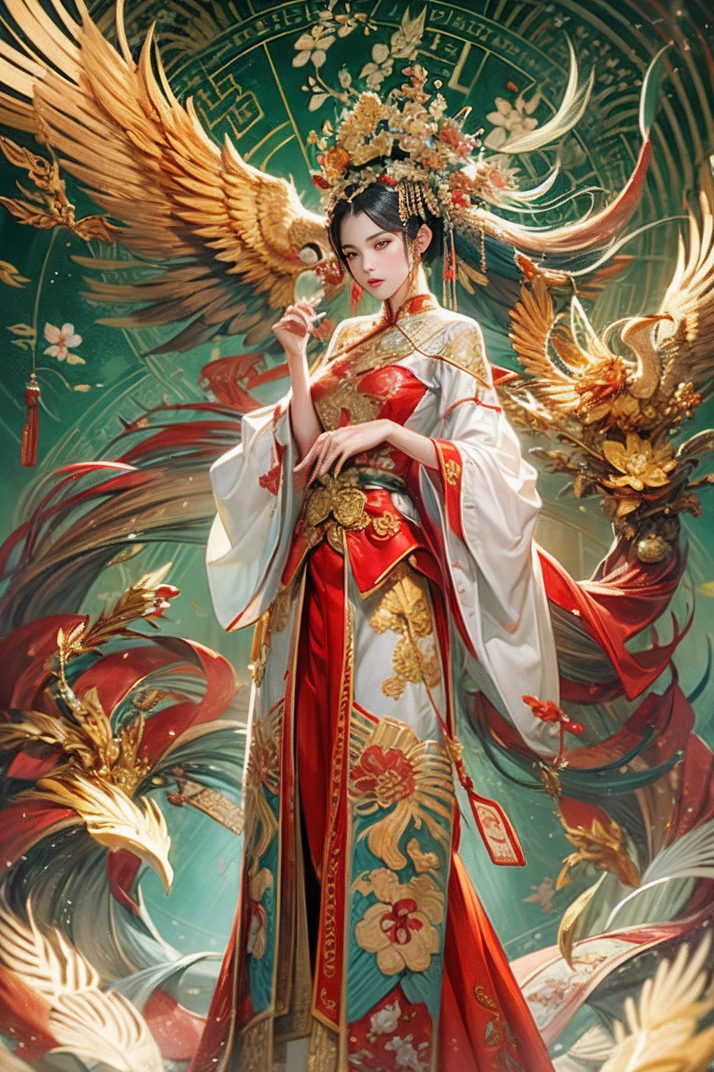 A woman in a red Chinese costume stands next to a supercar,Exquisite phoenix crown,anatomy correct,A detailed eye, 二重まぶた，Whiten skin，delicate patterned，Oriental elements，Ink painting style, Clean colors,Golden space, Soft lighting, ( Bokeh)，Masterpiece, Super detailed, Epic composition, Highest quality, 4K