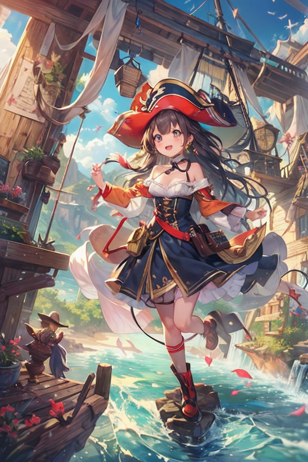 (((masterpiece)))、(((top-quality)))、((ultra-detailliert))、(illustratio)、((extremely delicate and beautiful))、Bright smile、floating、(Detailed light) (1girl in)、、独奏、The long-haired、The wind is blowing、A WORLD、(cute eye)Wizard Hat, red blush, blush stickers, cleavage of the breast, bare shoulders, doress, off shoulders, cowboy shot, is standing, A smile, 8K、high-level image quality、Fantasia、children's storybook、(There is an island rich in nature on the children's study desk、A waterfall is flowing from the top of the desk shelf、Magic study desk wrapped in the humor of a child looking at a pirate ship with vast ocean on desk.)、digitalart、Digital Art Ticker、nffsw