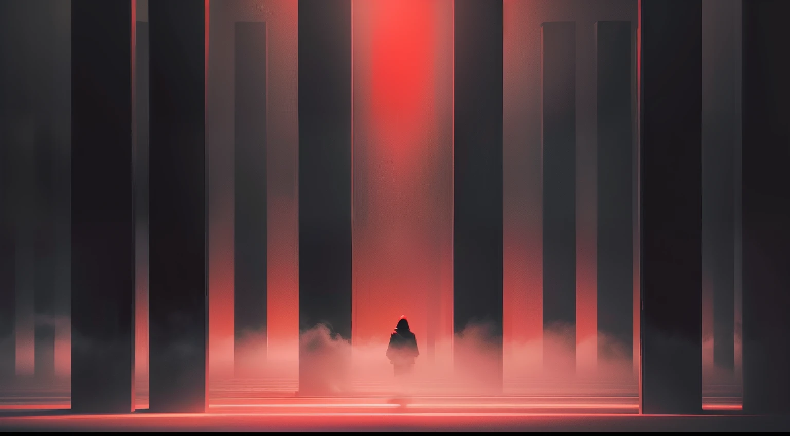 Black fog in the void,On a red background,Minimalist style,light streams,Soft light effect,Huge red reflective window with hazy background,Soft space atmosphere,conceptual art,Scene art,Live art,There were onlookers