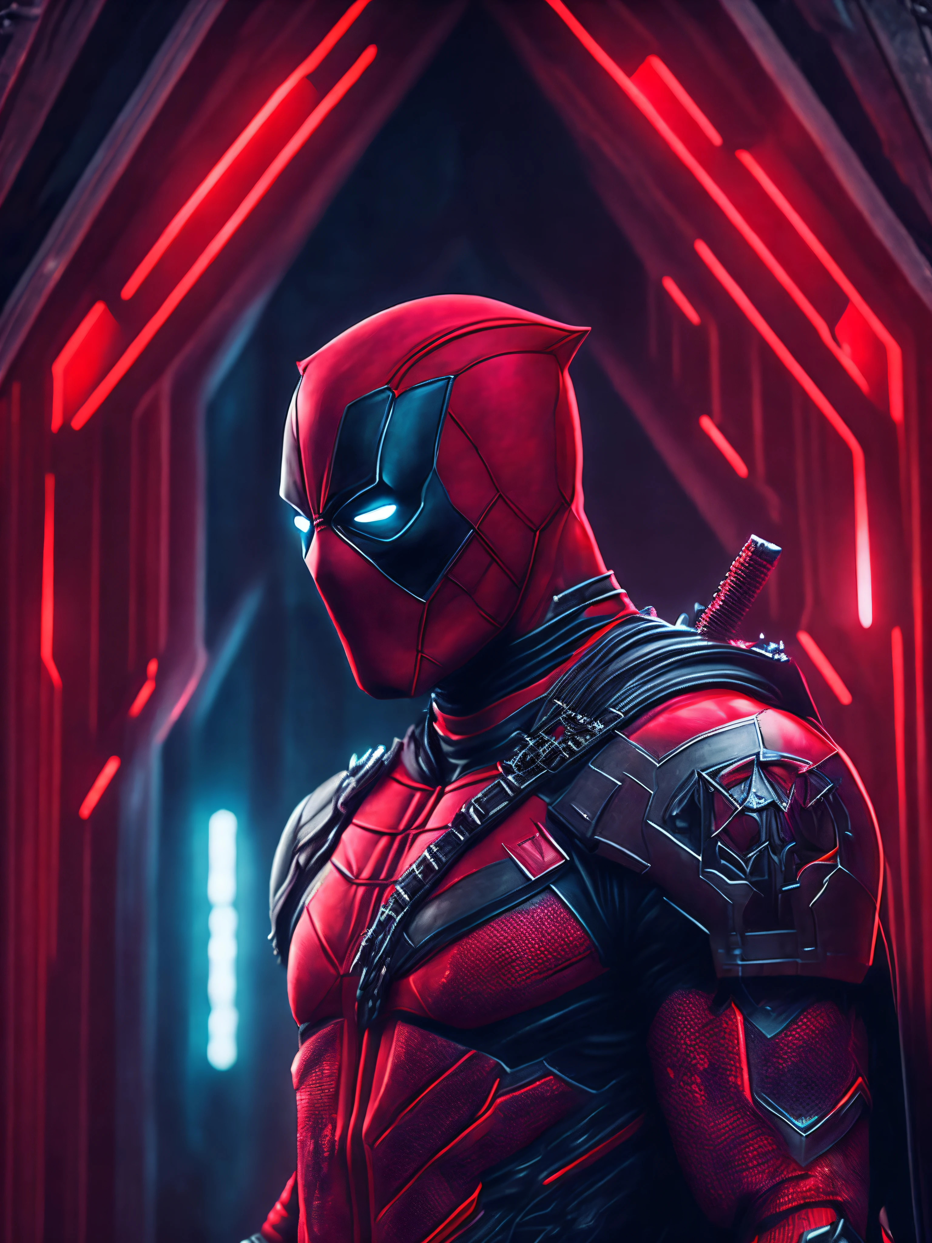 grim portrait of Deadpool from Marvel with intricate angular cybernetic implants inside a brutalist building, gothic brutalist cathedral, cyberpunk, award-winning photo, bokeh, neon lights, cybernetic limb
