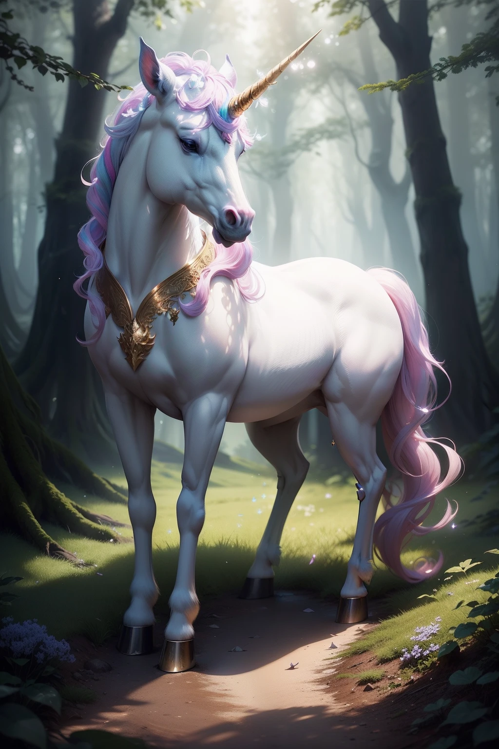 Create an enchanting scene featuring a graceful unicorn in a mystical forest. Imagine the unicorn standing amidst ancient trees, its elegant form illuminated by dappled sunlight filtering through the foliage. The unicorn's single spiraling horn should catch the light, radiating an ethereal glow. Surround the creature with an aura of magic, with delicate flowers and glowing orbs adorning the forest floor. Capture the unicorn's serene expression and gentle demeanor as it interacts harmoniously with the enchanting surroundings. Use a palette of soft, pastel colors to evoke a sense of wonder and enchantment