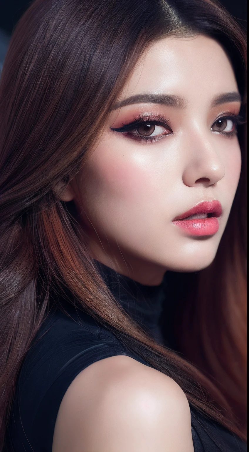 one Arabian model , hair model, Unique hair details, cyberpunk fashion, Near future , double eyelid, plump lips, professional makeup