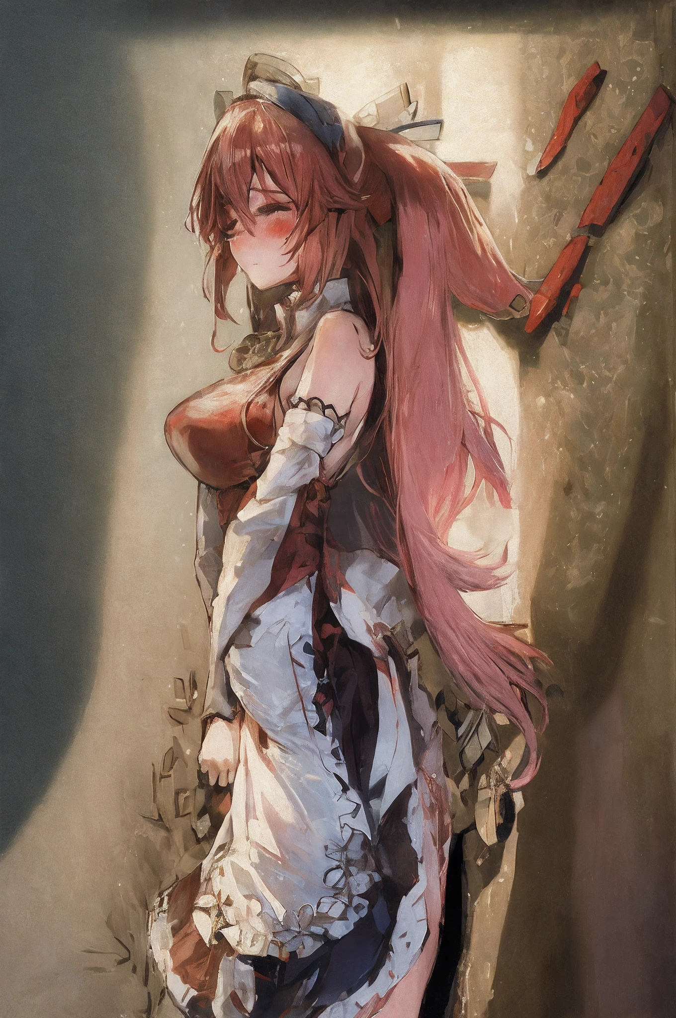 Huge long ponytail、yandere、red blush、Holding back from peeing、Eyes closed and looked distressed