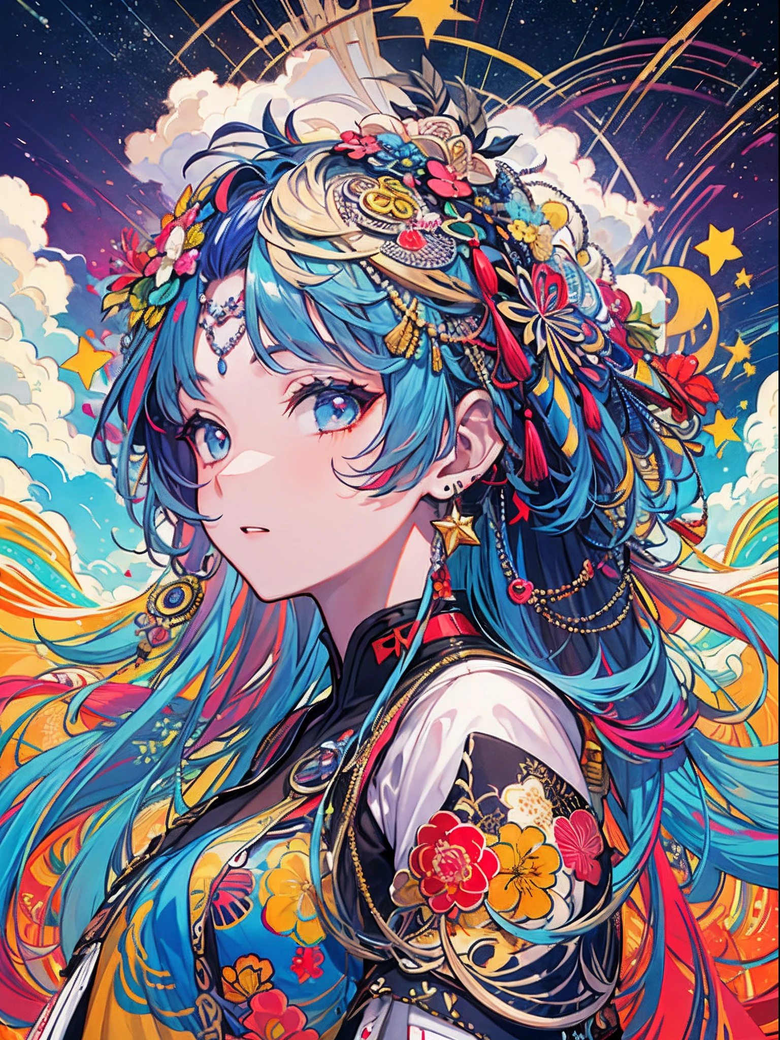 (masterpiece、top-quality、top-quality、afrocentricpaiting(afro)、african-american completion Official Art、Beautifully Aesthetic:1.2)、(1girl in:1.3)、(Fractal art:1.3)、The upper part of the body、from side、looking at the viewers、patterns、(rainbow-colored hair、colourful hair、african ink、clouds、starrysky、stele、Rough kanji、