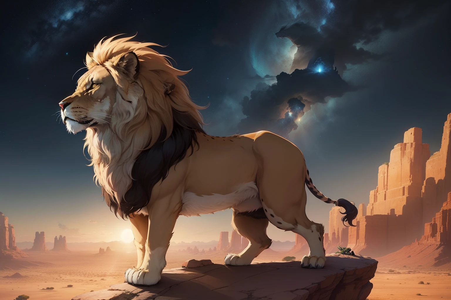 A Studio Ghibli-style illustration of a male lion, brilliant night sky, standing high in the air on the edge of a huge rock in the desert, with a plain dotted with African trees. The lion is roaring. It's looking into the distance, with neck hairs blowing in the wind, anouncing it is the king of the animal world.