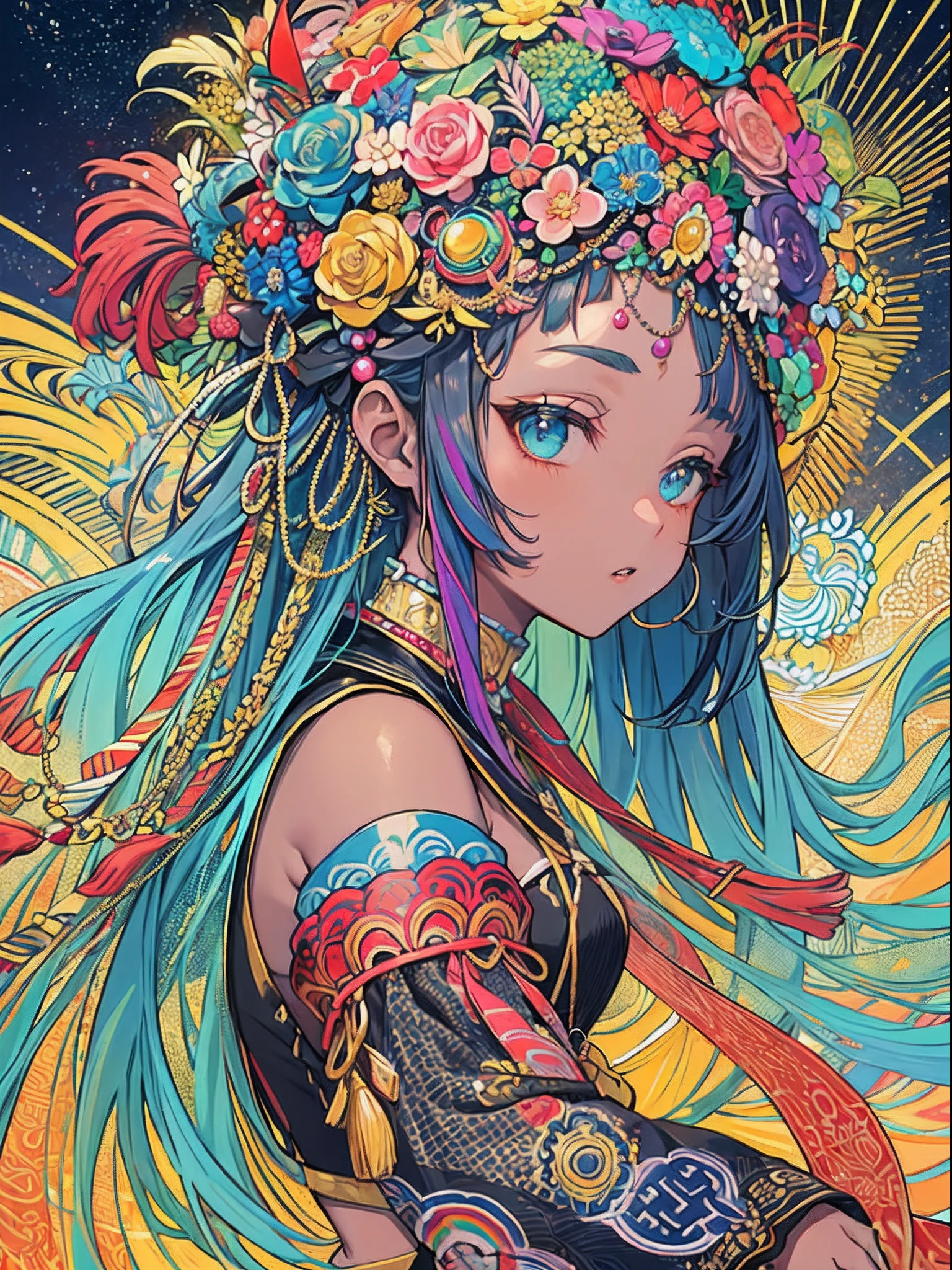 (masterpiece、top-quality、top-quality、afrocentricpaiting(afro)、african-american completion Official Art、Beautifully Aesthetic:1.2)、(1girl in:1.3)、(Fractal art:1.3)、The upper part of the body、from side、looking at the viewers、patterns、(rainbow-colored hair、colourful hair、african ink、clouds、starrysky、stele、Rough kanji、
