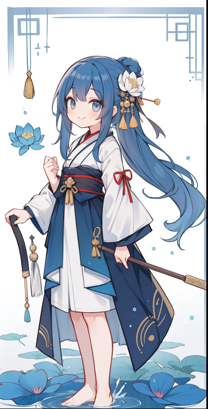 ((4k,masterpiece,best quality)), shuimobysim, traditional chinese ink painting, lotus, hanfu, maxiskit, dress conservatively 1girl, solo, long blue hair, smile, standing, feet in the water, barefoot,