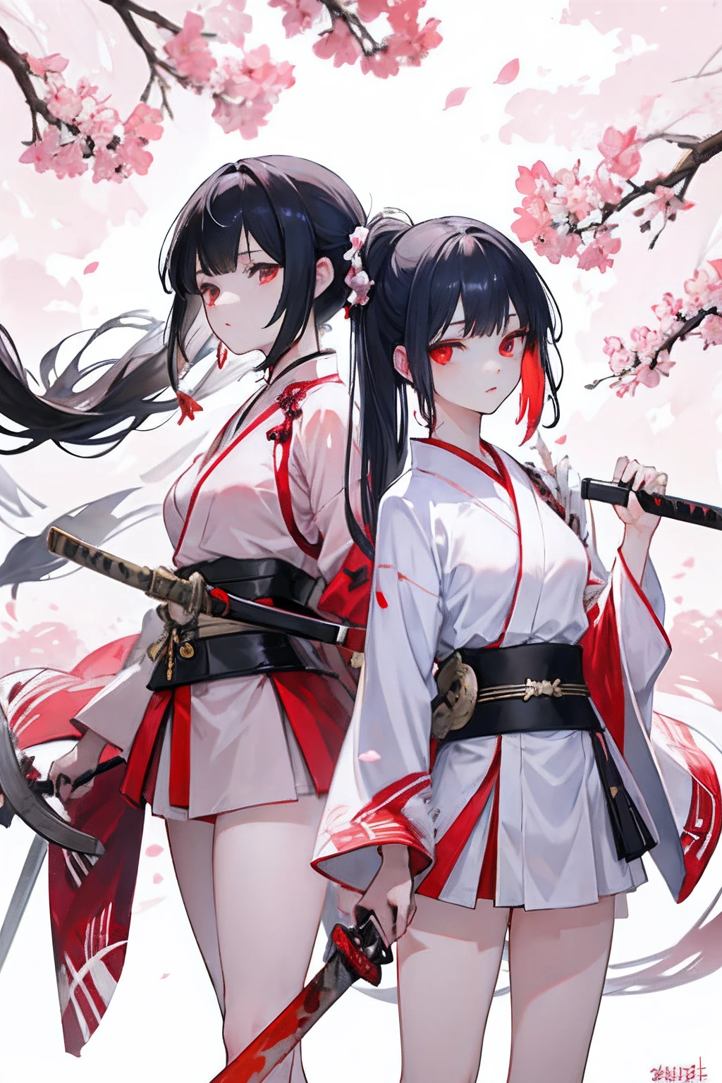 2girls、nightcity、Weapons with blood on them、Great body、Great legs、White kimono black hair with blood on it、Sword、Holding a weapon with blood on it、Cherry blossoms are dancing、poneyTail、Ordinary girl、The actions of two people who fight、a cool、Full of scratches、Blood is coming out、The city is broken