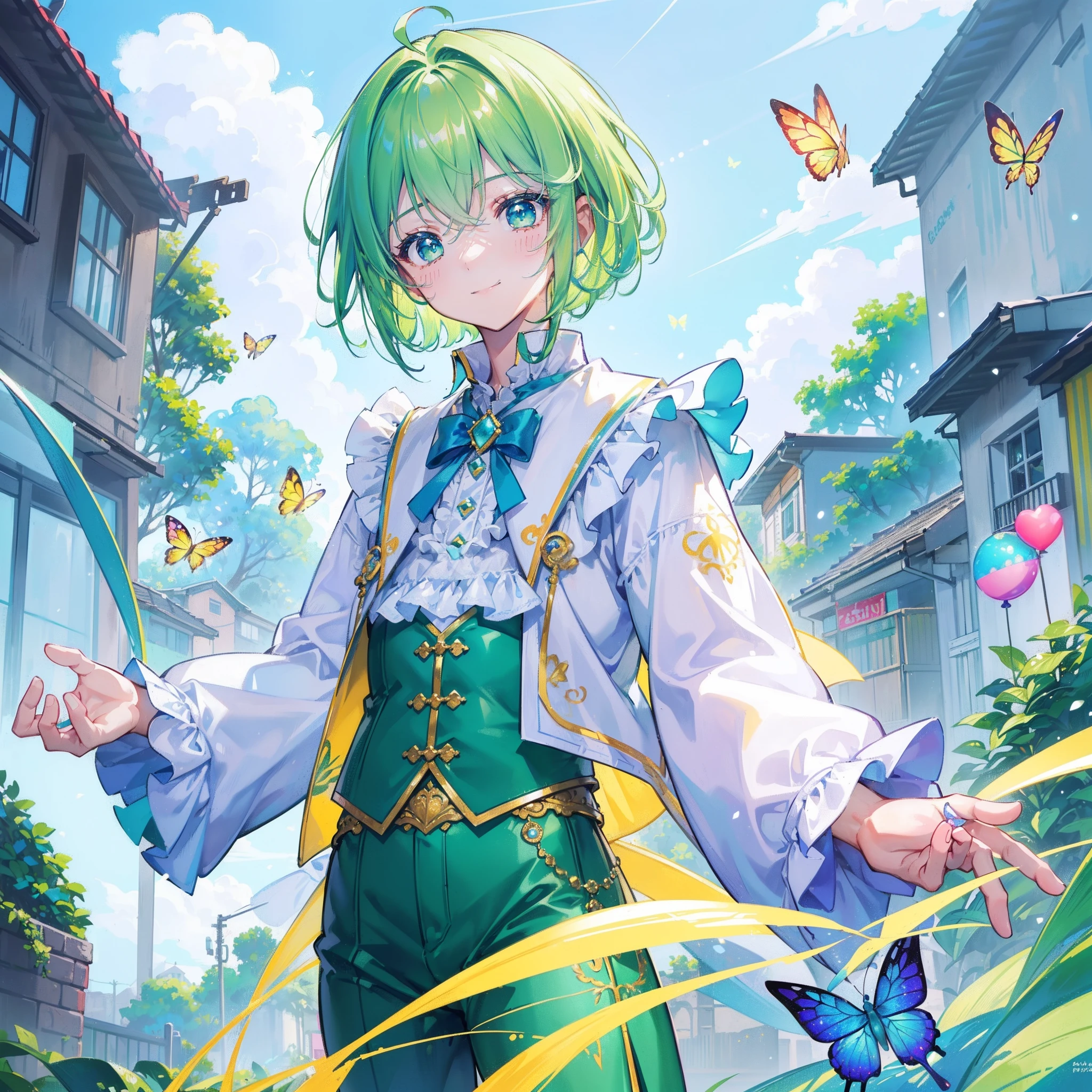 (top-quality:1.4、8K Super Detail CG Wallpapers)、(cute muscled man、green shiny eyes and short aquamarine hair:1.2)、pastel yellow shirt、blue Suit、with floral pattern、over the shoulder view、pastel lively back alley in background,rainbow ballons,butterflies,pixie dust,masterpeace,happy face,happy smile,wholsome man.