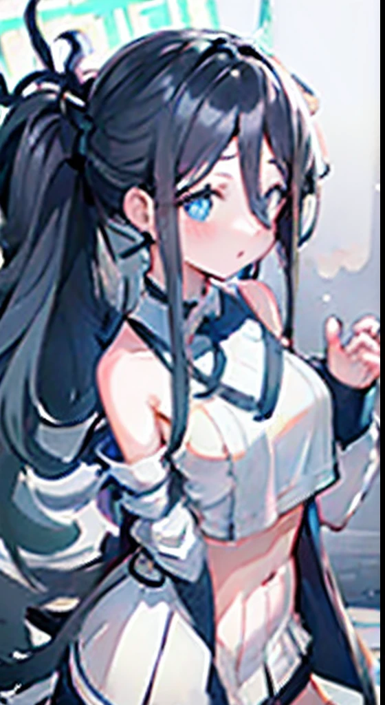 女の子1人,(,petite short stature),animesque、Young and cute idol face、(Lorioppai)(Clothed big breasts , Loli breasts,Mi Hot Pants)Double piece with hands raised (WatercolorPrivate Services, Shoulder Knitwear,Shoulders exposed、Back exposure) Huge breasts,