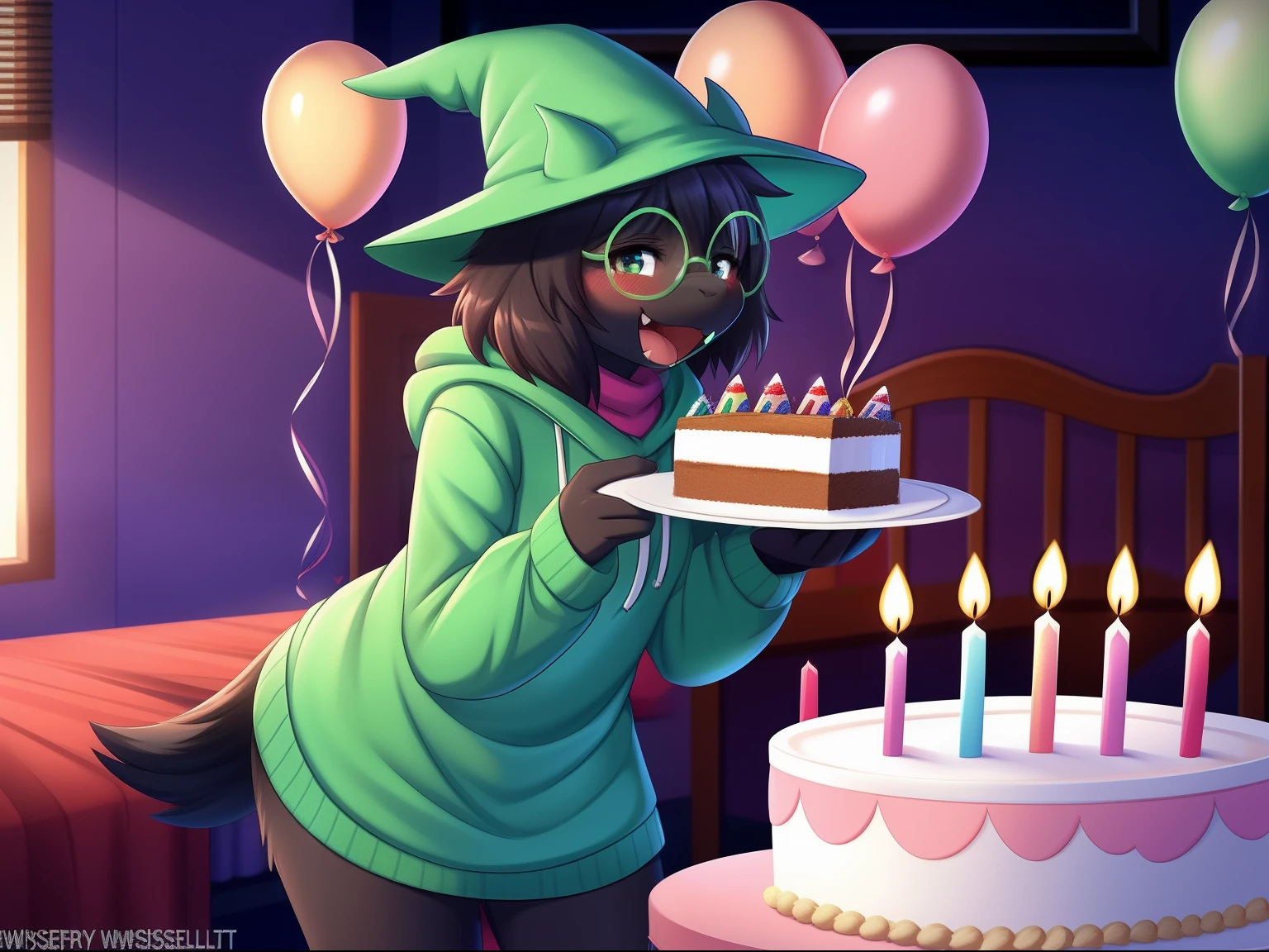Ralsei from Deltarune, solo, 1boy, holding cake, holding food, cake, happy birthday, blush, fangs, hoodie, upper body, professional art made by twistedscarlett60, black body, bedroom, balloons
