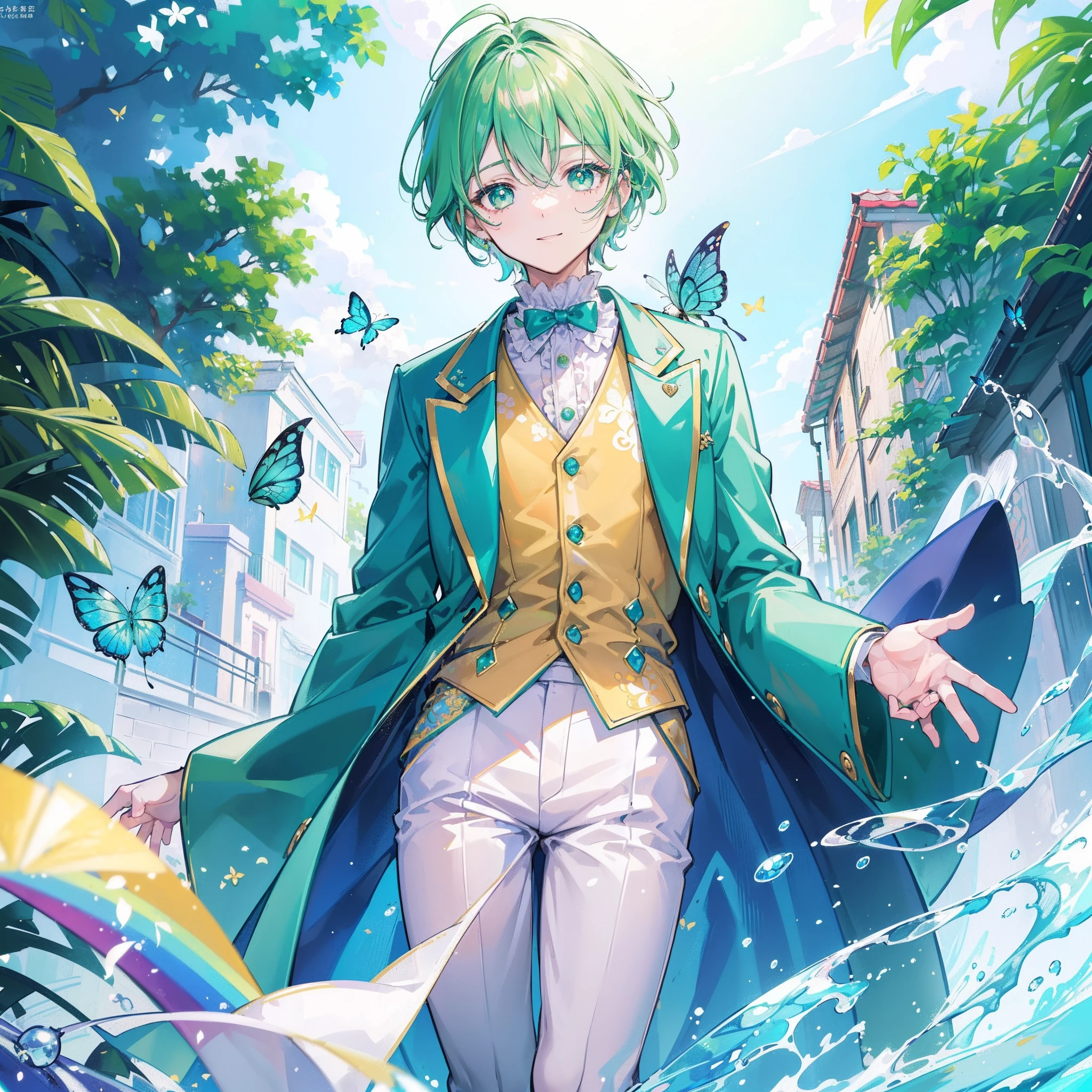 (top-quality:1.4、8K Super Detail CG Wallpapers)、(cute young man、green shiny eyes and short aquamarine hair:1.2)、pastel yellow shirt、blue Suit、with floral pattern、over the shoulder view、pastel lively back alley in background,rainbow ballons,butterflies,pixie dust,masterpeace,happy face,happy smile,