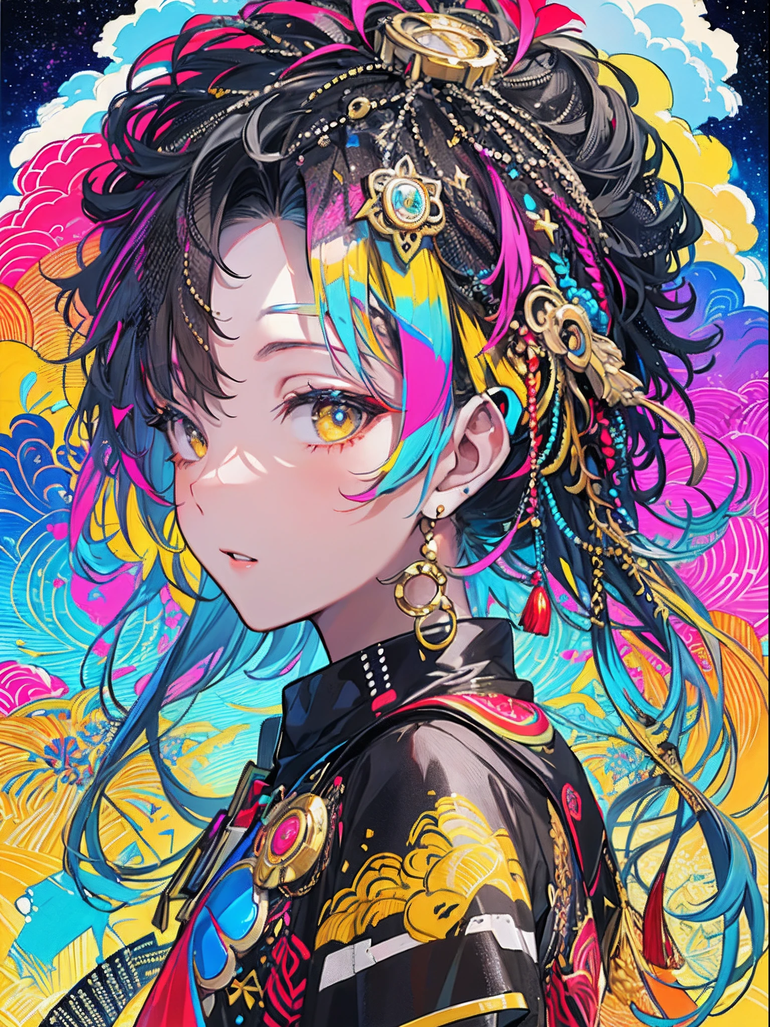 (masterpiece、top-quality、top-quality、afrocentricpaiting(afro)、Official Art、Beautifully Aesthetic:1.2)、african-american features(1girl in:1.3)、(Fractal art:1.3)、The upper part of the body、from side、looking at the viewers、patterns、(rainbow-colored hair、colourful hair、african ink、clouds、starrysky、stele、Splashes of bright colors、Rough kanji、
