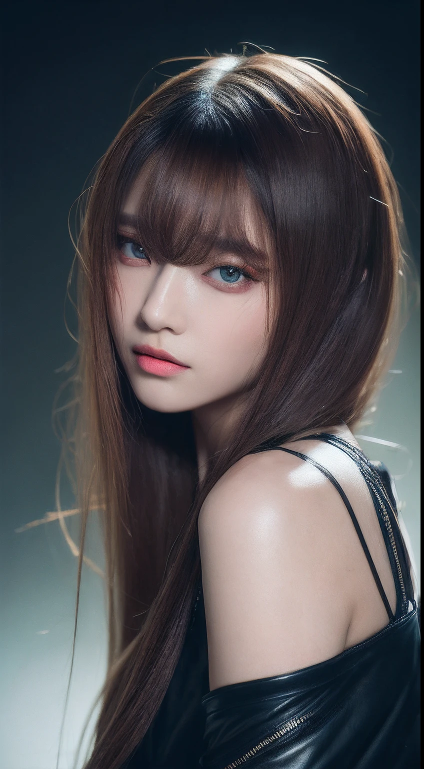 one American model , hair model, Unique hair details, cyberpunk fashion, Near future , double eyelid, plump lips, professional makeup