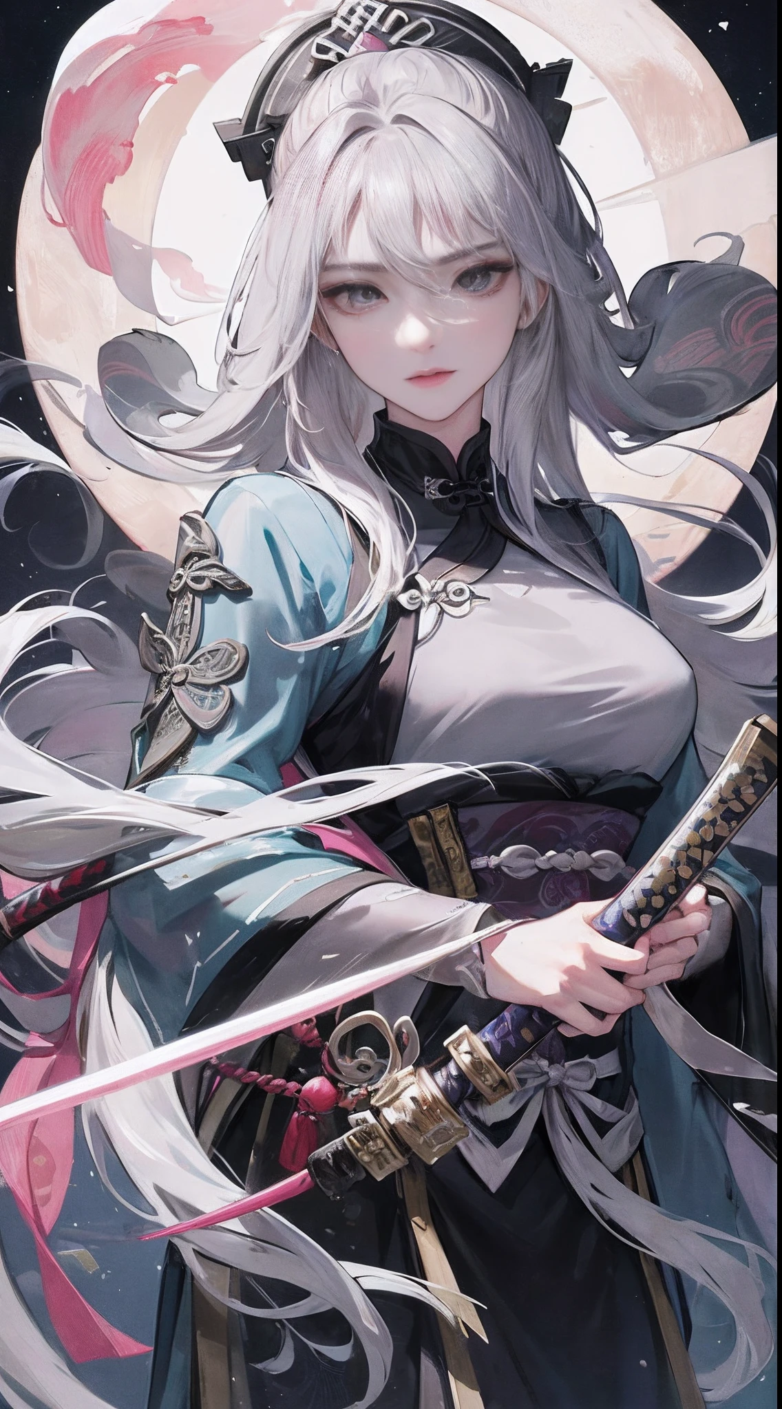 Masterpiece, Superb Product, Night, Full Moon, 1 Woman, Mature Woman, Chinese Style, Ancient China, Sister, Royal Sister, Cold Face, Expressionless, Silver-White Long-Haired Woman, Light Pink Lips, Calm, Intellectual, Three Bands, Gray Eyes, Assassin, Katana