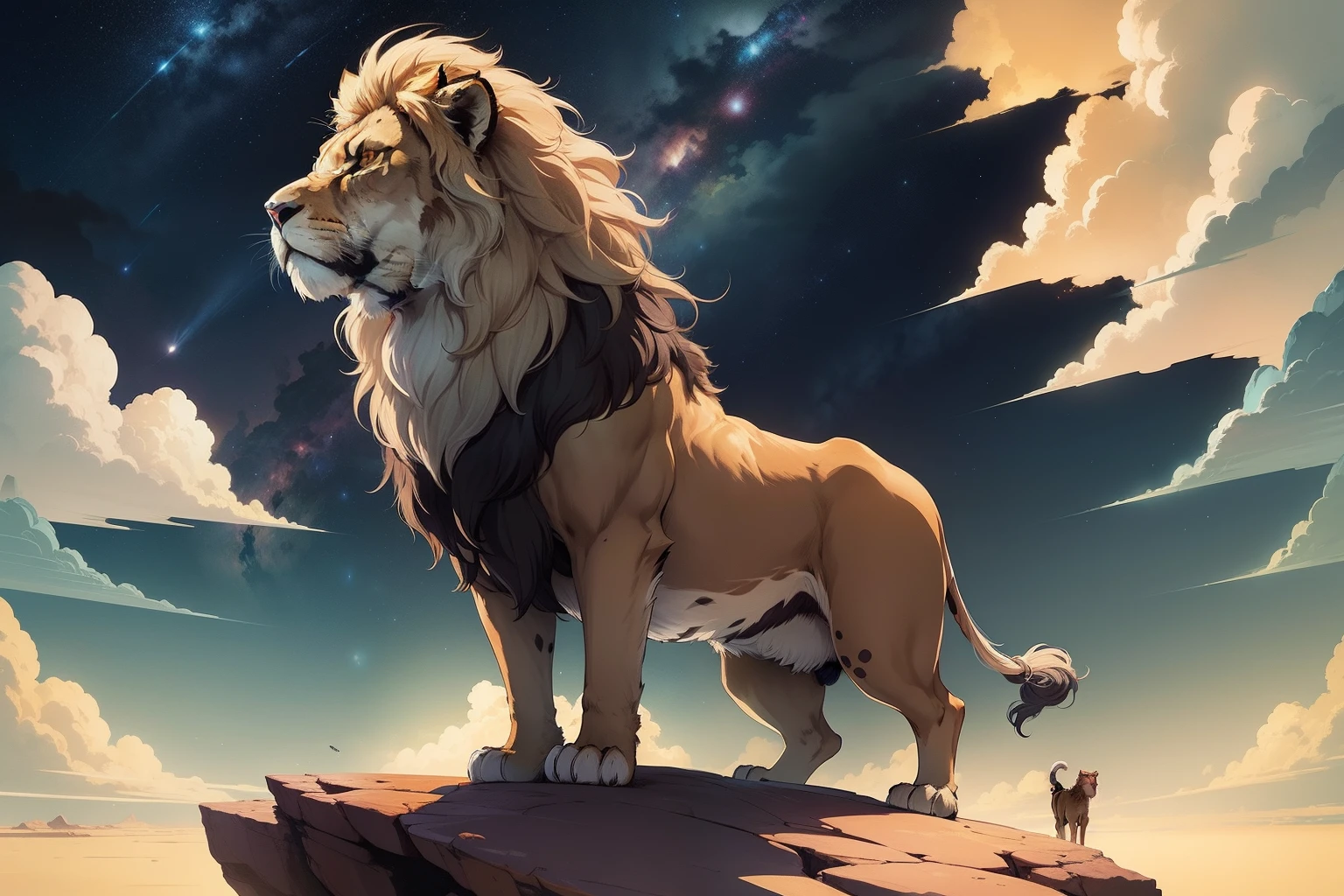 A Studio Ghibli-style illustration of a male lion, brilliant night sky, standing high in the air on the edge of a huge rock in the desert, with a plain dotted with African trees. The lion is roaring. It's looking into the distance, with neck hairs blowing in the wind, anouncing it is the king of the animal world.