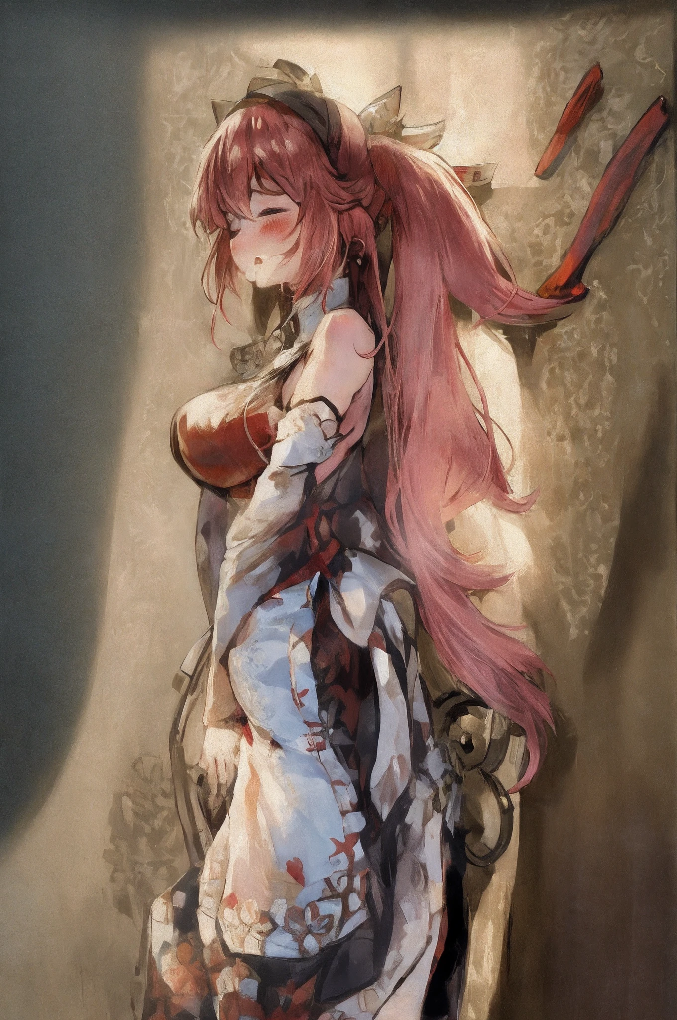 Huge long ponytail、yandere、red blush、Holding back from peeing、Closed eyes and seemed to be suffering、Open your mouth wide to the maximum、drooling
