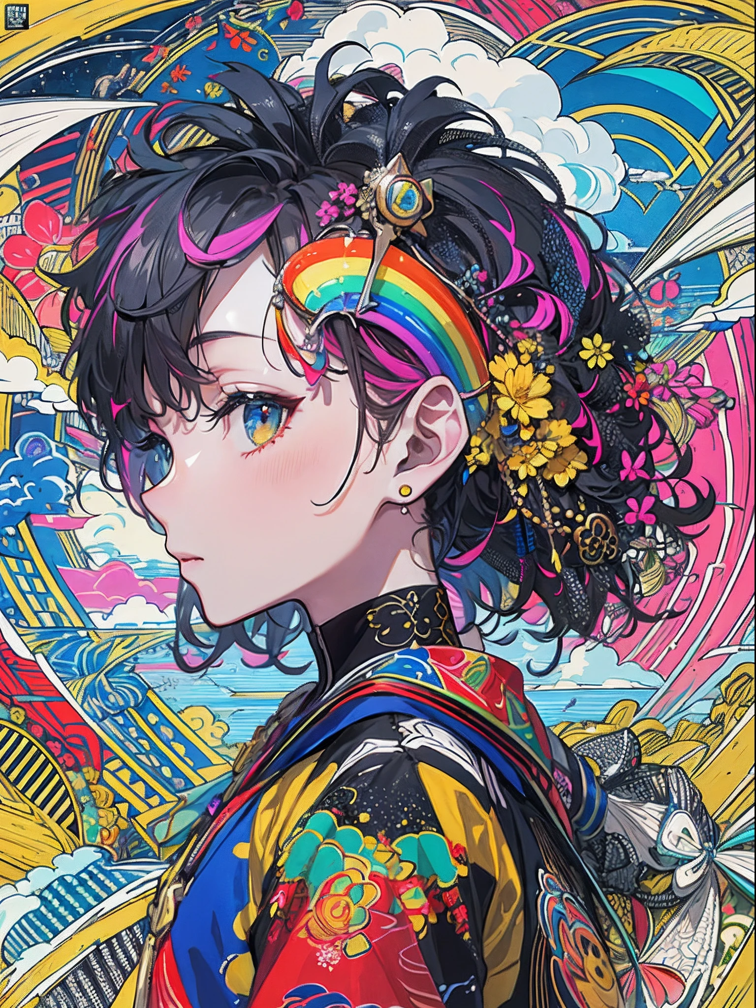 (masterpiece、top-quality、top-quality、afrocentricpaiting(afro)、Official Art、Beautifully Aesthetic:1.2)、african-american features(1girl in:1.3)、(Fractal art:1.3)、The upper part of the body、from side、looking at the viewers、patterns、(rainbow-colored hair、colourful hair、african ink、clouds、starrysky、stele、Splashes of bright colors、Rough kanji、