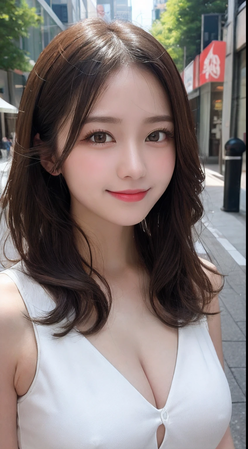masutepiece, Best Quality, Illustration, Ultra-detailed, finely detail, hight resolution, 8K Wallpaper, Perfect dynamic composition, Beautiful detailed eyes, doress,Medium Hair, Big breasts, Natural Color Lip, Random and sexy poses,Smile,Aoyama Street Walk、20 years girl、barechested