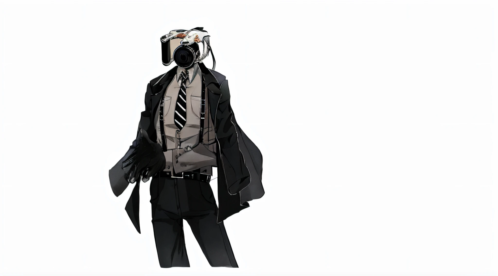 The anime character is dressed in a suit and tie with a bird on his head, digital art from danganronpa, very modern anime style, He is dressed in a suit, dark high-contrast concept art, Cyberpunk monocle!, wears a power armor suit, Detective clothing, modern anime style, Persona Art Style, Fully suitable for indoor applications, [ conceptual art ]!!